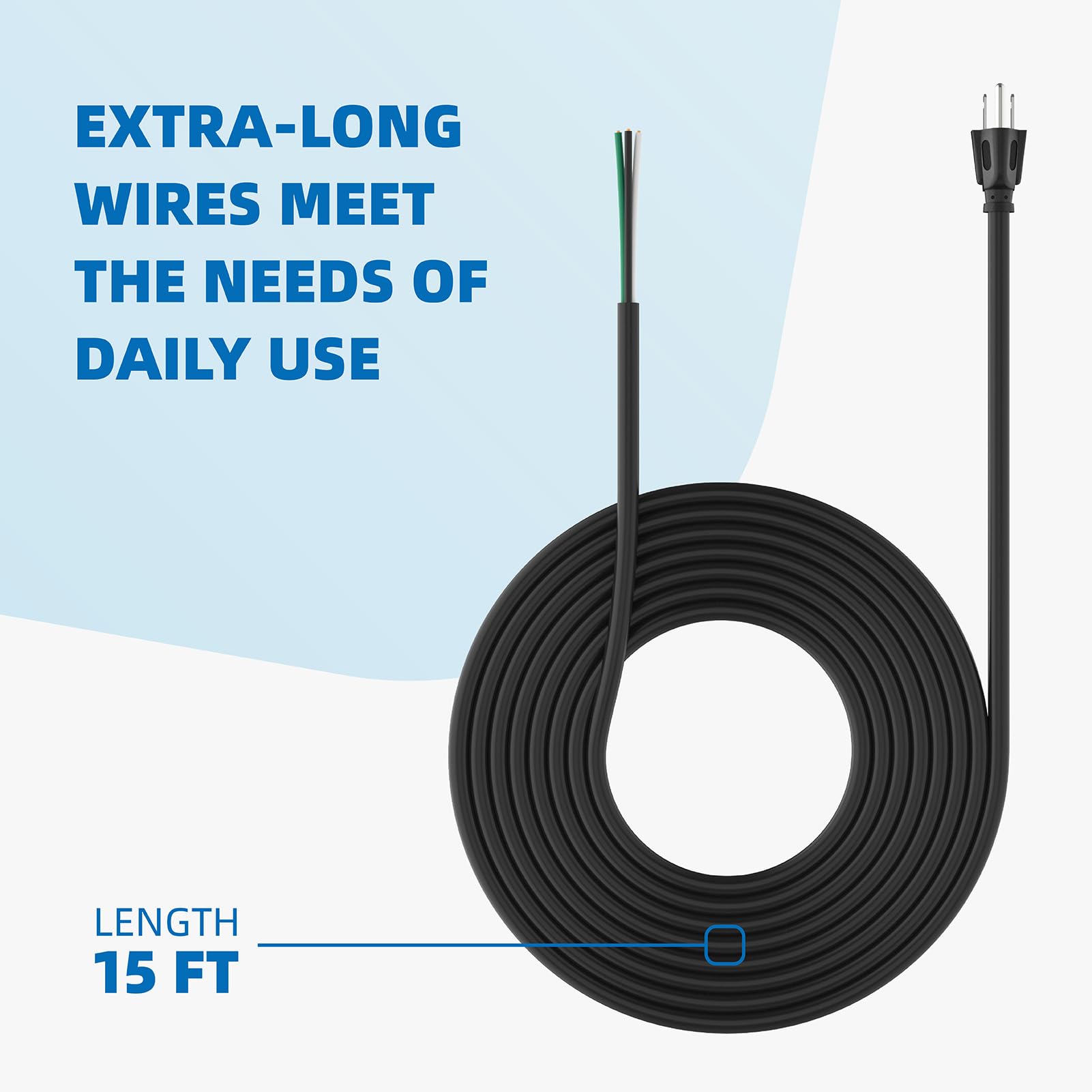 15Ft 12 Gauge 3 Prong Replacement Power Supply Cable Cord   Heavy Duty Power Cord For Power Tools, Grinder And Dishwashers, Male