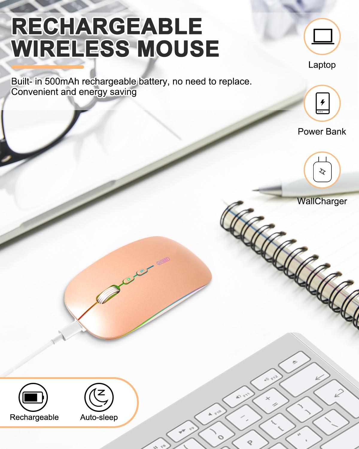 Uineer Bluetooth Mouse, Rechargeable Bluetooth (Bt 5.1+2.4G) Wireless Mouse, Silent Computer Mice For Laptop Desktop, Macbook, W