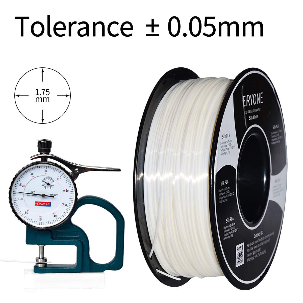 Eryone Silk Pla Filament For 3D Printer, 1.75Mm +/  0.03Mm, 1Kg (2.2Lbs)/Spool, Silk White