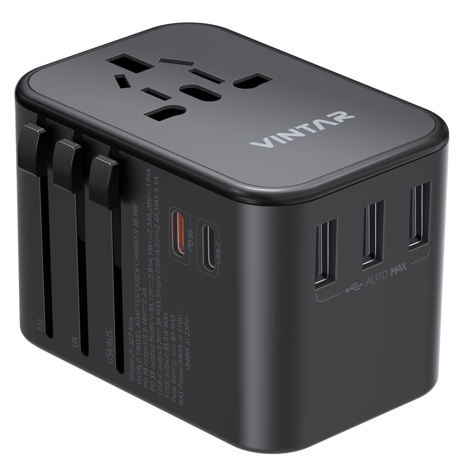 Universal Travel Adapter, Vintar 35.5W International Power Adapter With 3 Usb A Qc And 2 Usb C Pd, All In One Plug Adapter World