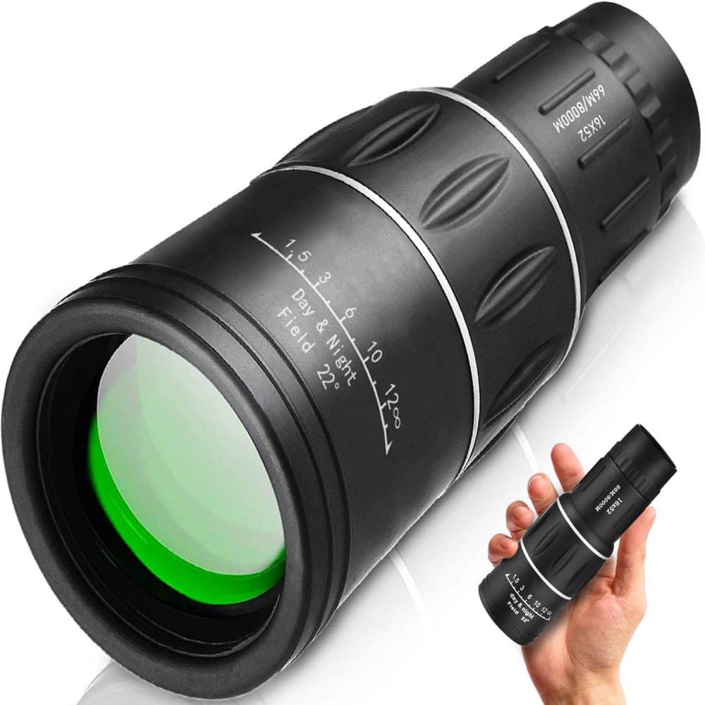 Professional Monocular Telescope, Black, 16x52 High Power BAK4 Prism, Multicoated Lens, Portable Handheld Design for Outdoor Obs
