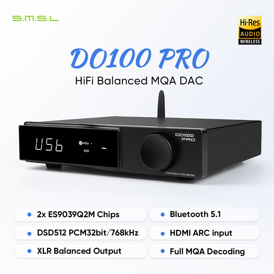 Smsl Do100 Pro 2 X Es9039Q2M Hifi Balanced Dac, Xmos Xu316 768Khz Dsd512 Desktop Home Audio Usb Dac, Usb/Bluetooth5.1/Opt/Coax/H