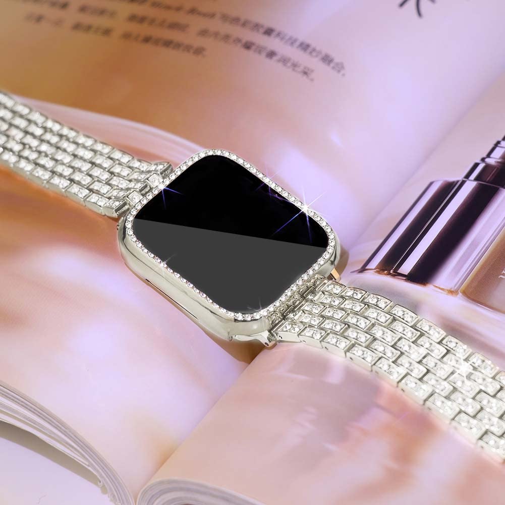 Supoix Compatible With Apple Watch Band 45Mm + Case, Women Jewelry Bling Diamond Rhinestone Replacement Metal Strap &Soft Tpu Pr