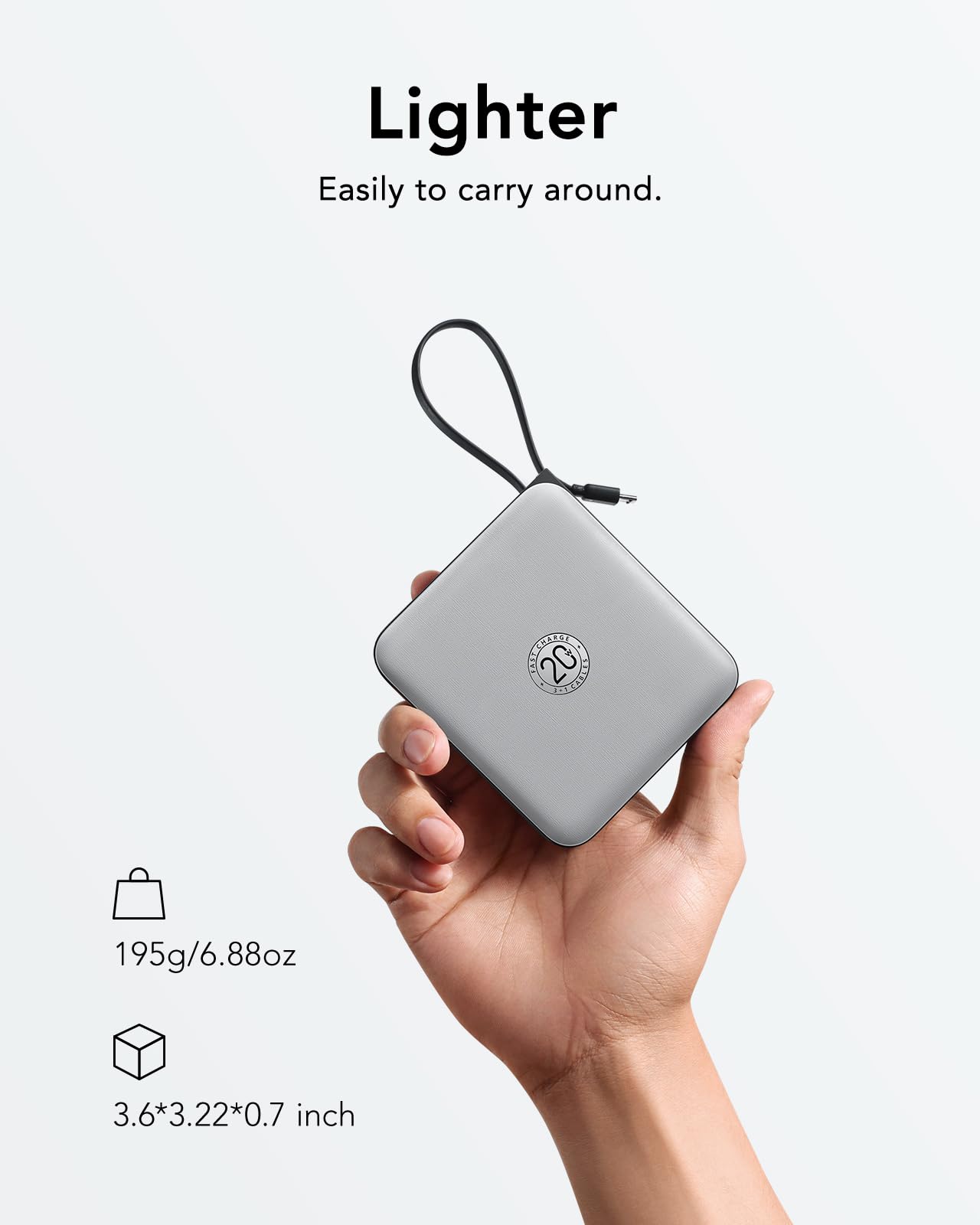 VRURC 10000mAh Portable Phone Charger with 4 Built-in Cables, USB C Fast Charging, PD 20W Mini Battery Pack for iPhone & Samsung - Gray