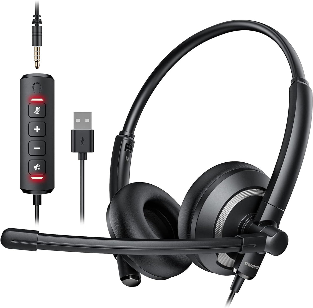 Awatrue Computer Usb Headset With Microphone For Pc   Headphones With Noise Cancelling Microphone On Ear Wired Headset Mic Mute 