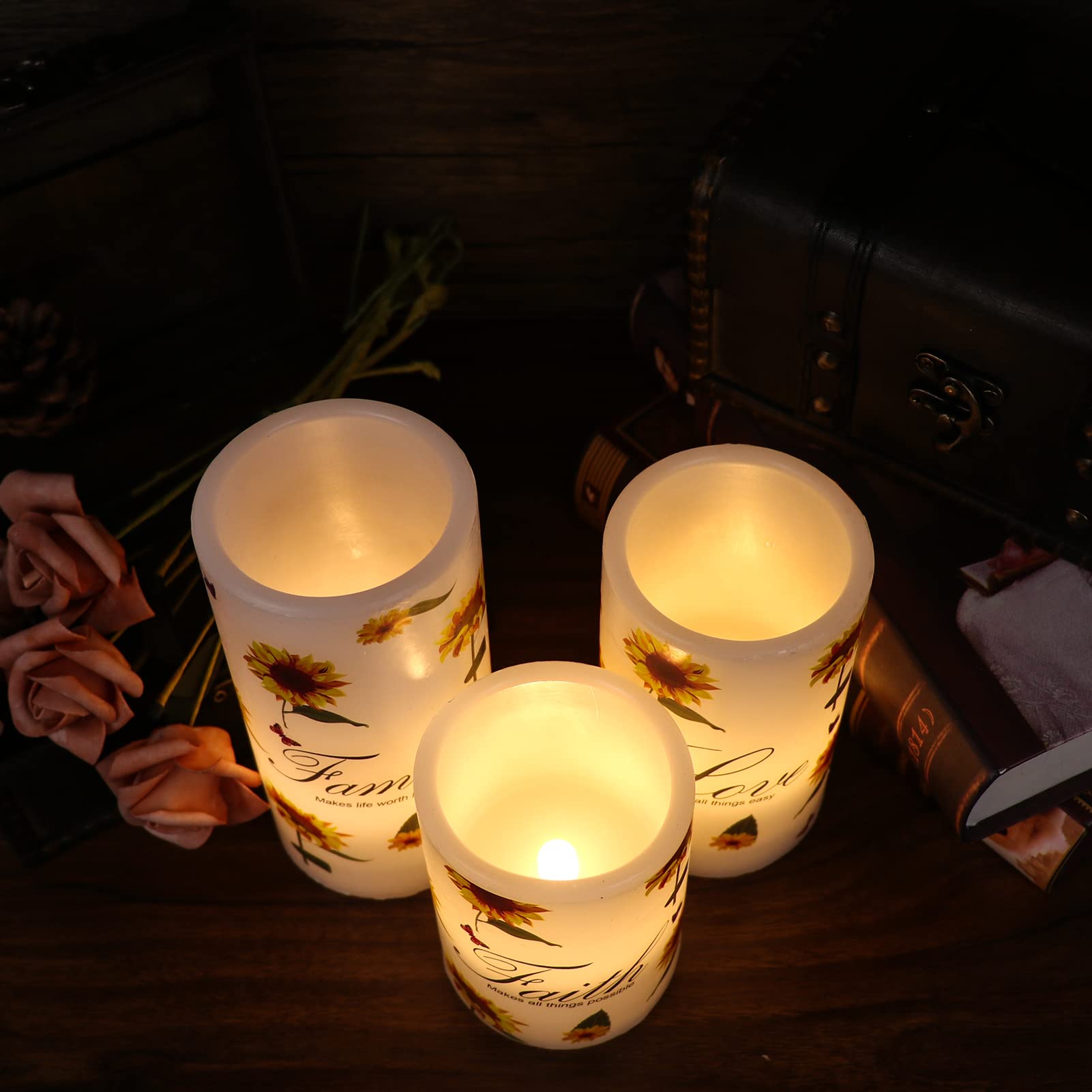 Dromance Sunflower Flameless Flickering Candles With 6H Timer, Set Of 3 Battery Operated White Real Wax Led Pillar Candles Party