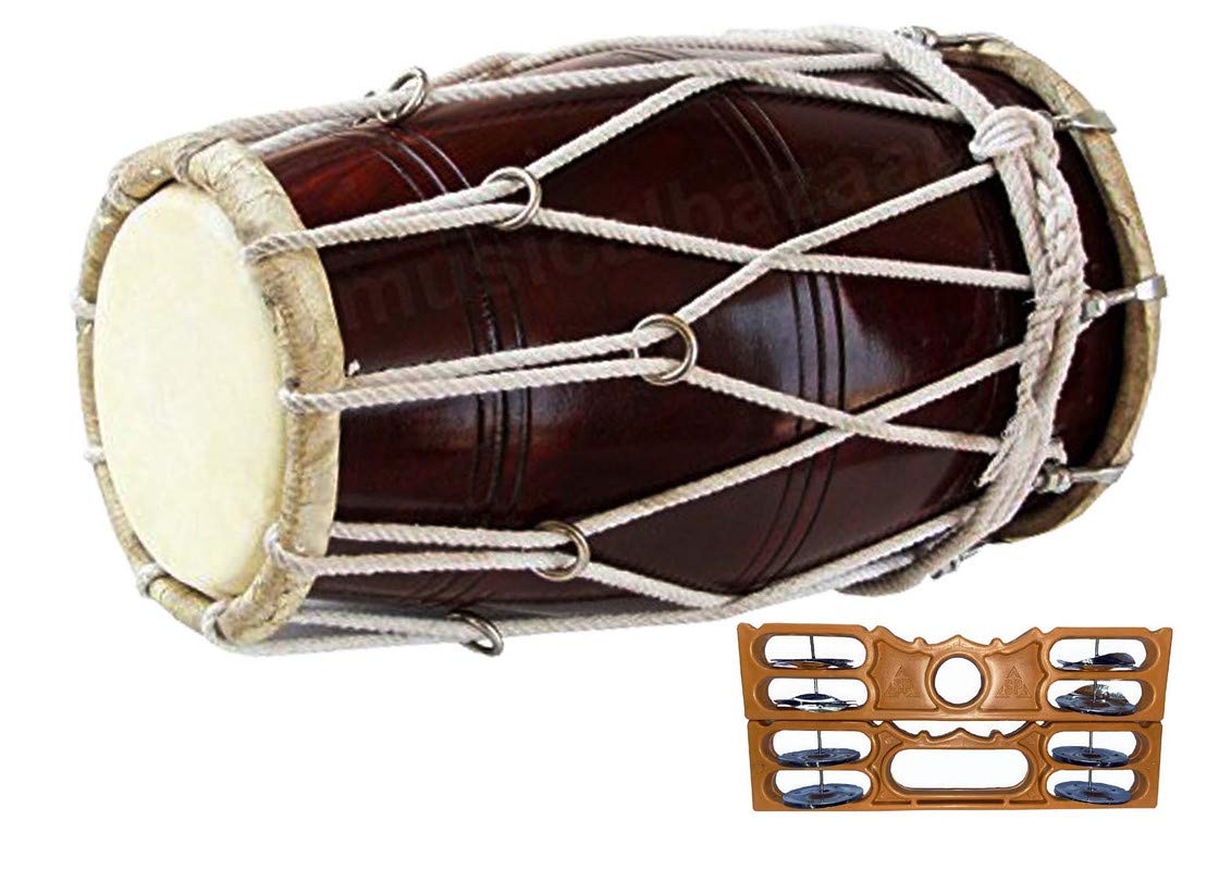 Gt Manufacture Wooden Nut & Rope Goat Skin Dholak With Khartak & Beautyfull Shiny Colour(Brown)