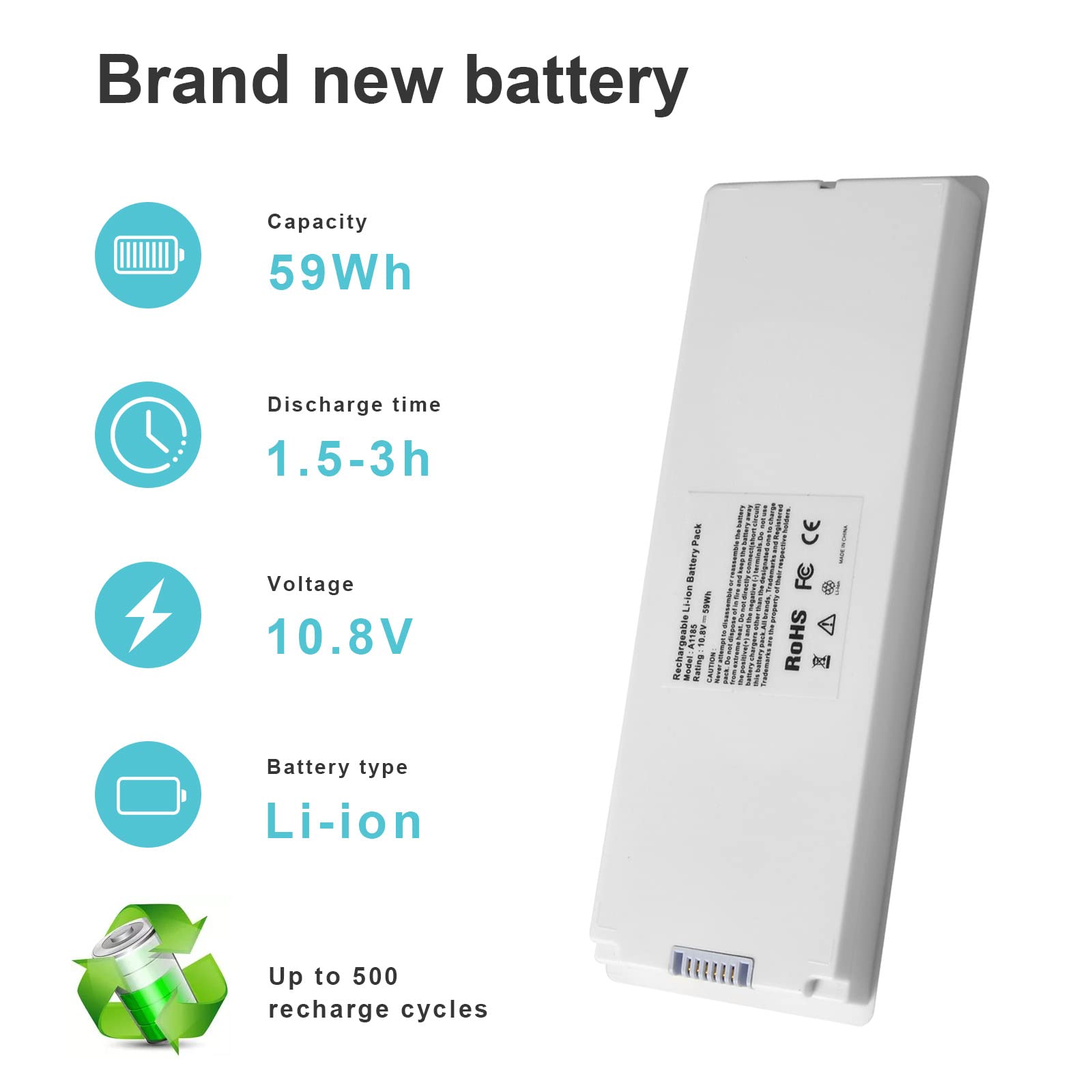 Aryee 59Wh 10.8V A1185 Laptop Battery Replacement For Apple Macbook 13 A1181 Ma561 Ma254 Ma255 Mb402 Mb061 Mb062 (Mid/Late 2006,