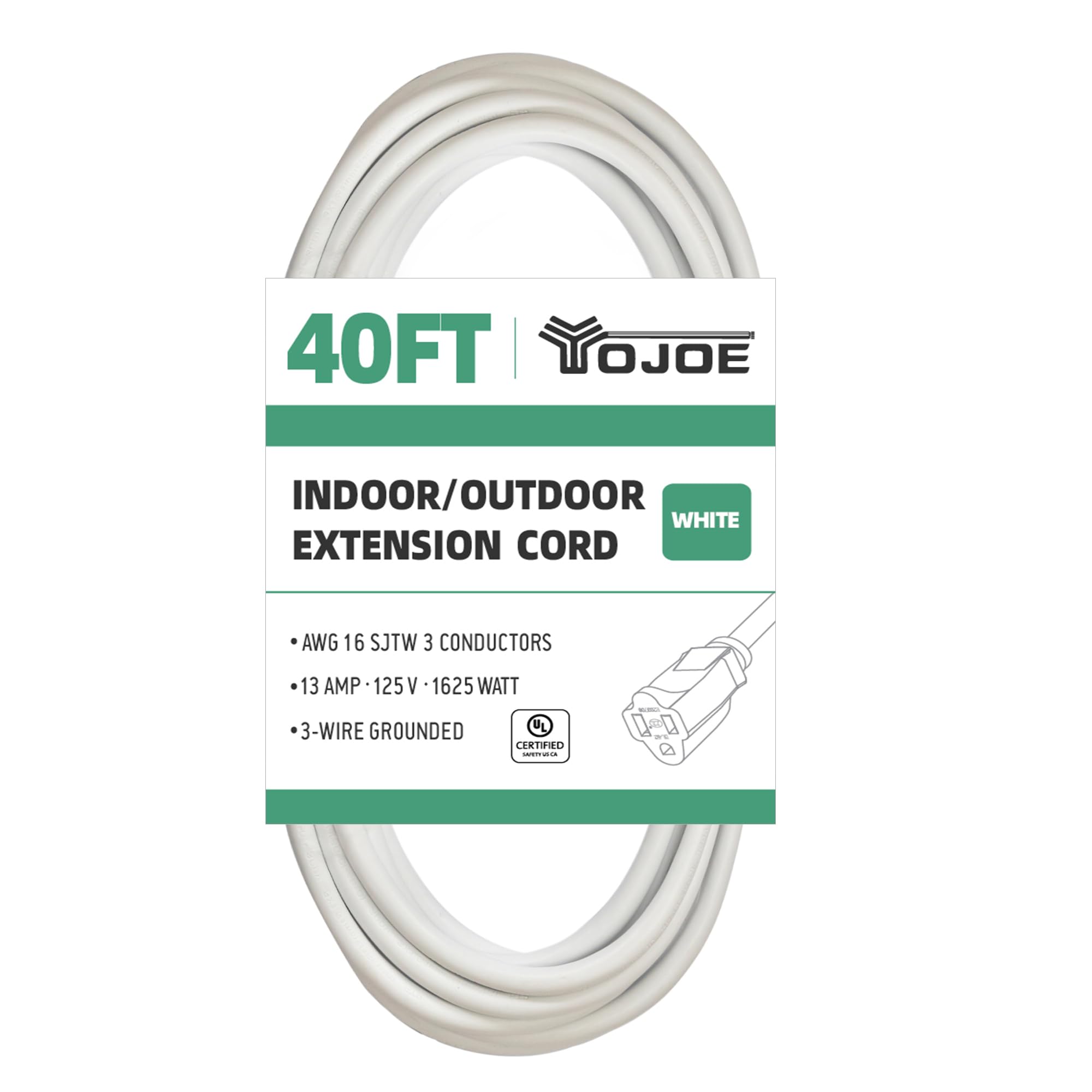 Yojoe Indoor Outdoor Extension Cord, 3 Prong 13A Weatherproof Power Extension Cord, 16 Gauge Heavy Duty 40 Ft White Extension Co