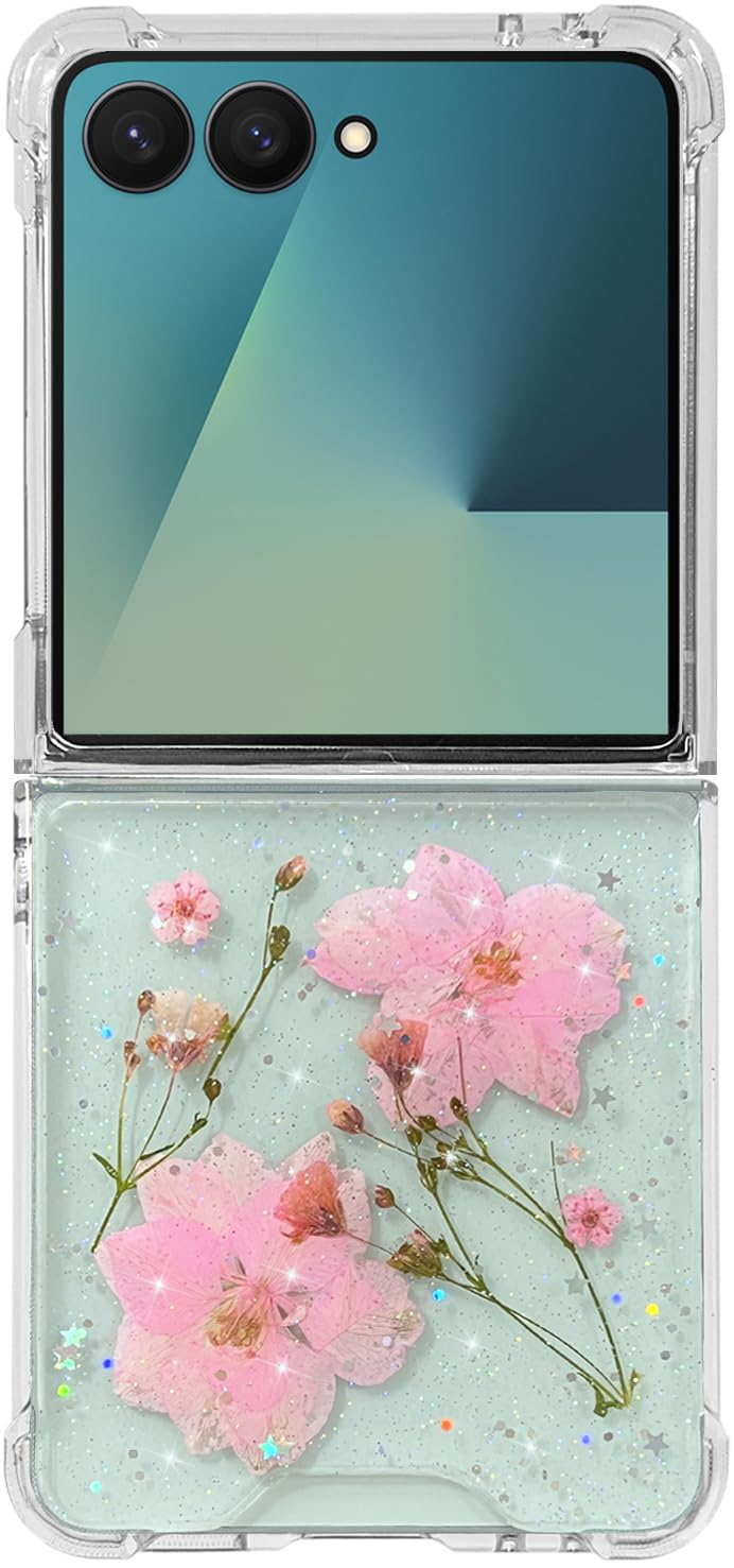 Abbery for Samsung Galaxy Z Flip 7 Case Cute Clear Dry Real Flower Design Glitter Sparkly Protective Shockproof Aesthetic Women 
