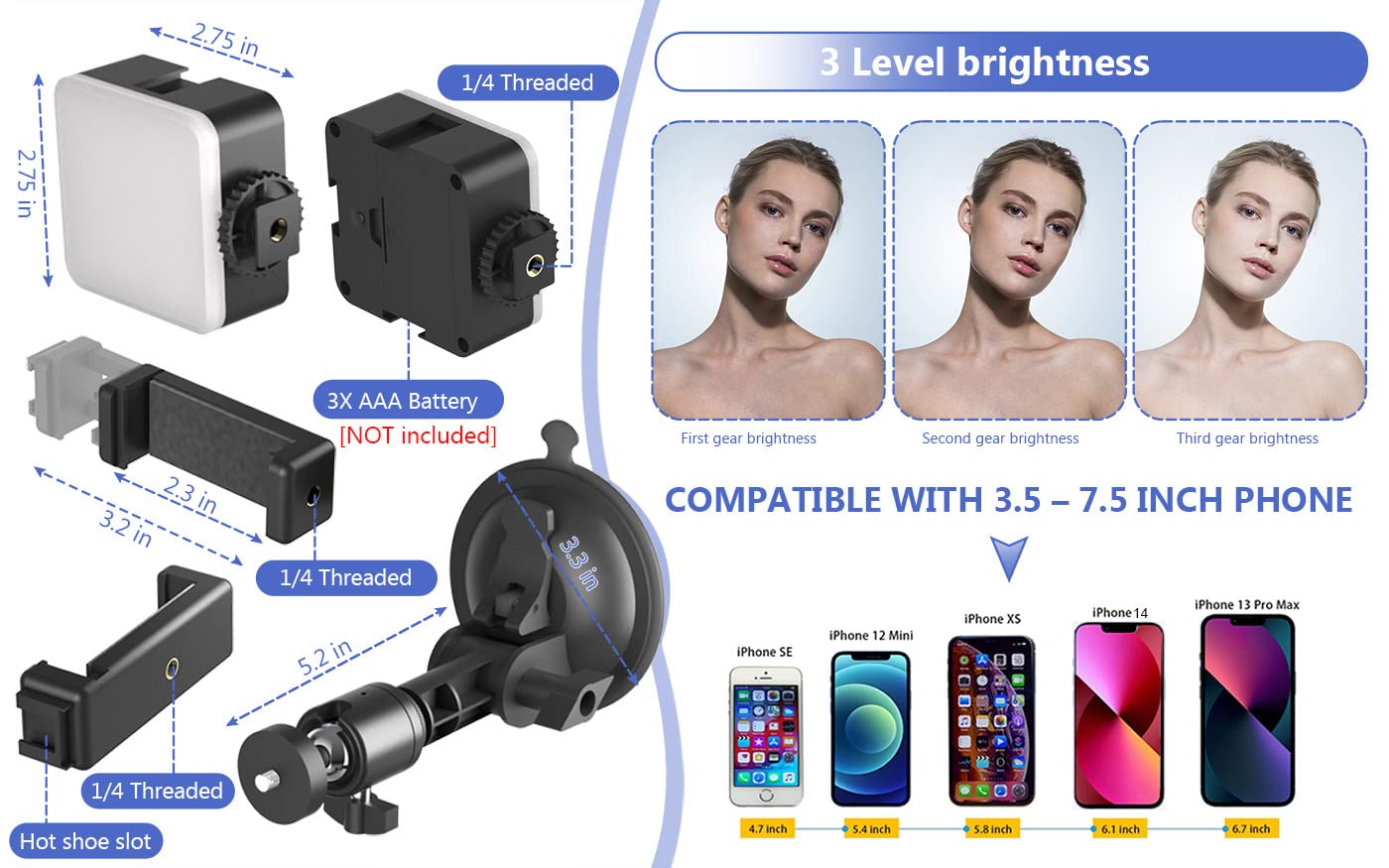 Lentok Suction Cup Mirror Phone Holder With Light, Travel Wall Phone Camera Mount For Makeup Content Creator Essentials, Mirror