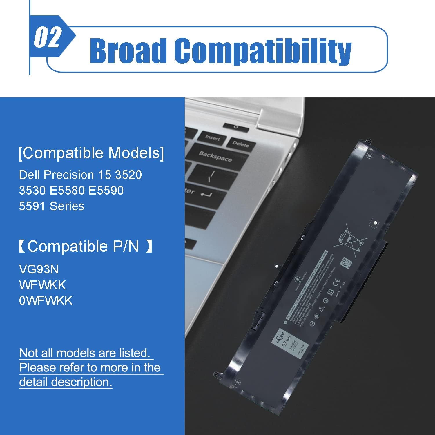 Dentsing Laptop Battery VG93N 92Wh 11.4V 6-Cell for Dell Precision 15 3520 3530 Latitude E5580 E5590 Black