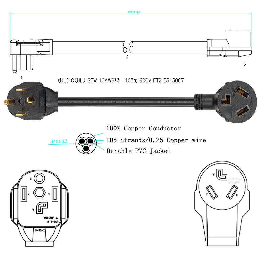 1.5Ft 3 Prong To 4 Prong Dryer Adapter, 4 Prong To 3 Prong Dryer Adapter, Nema 14 30P Male To 10 30R Female, Dryer Cord Adapter