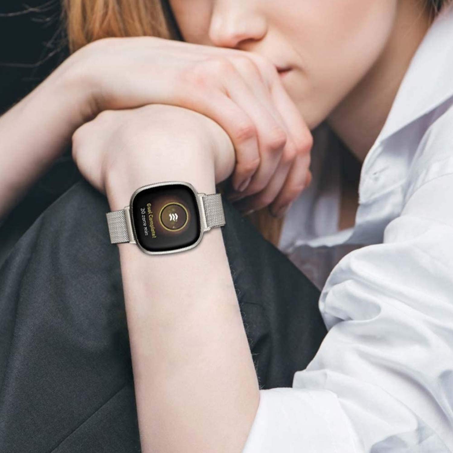 Watdpro Compatible With Fitbit Versa 3 Bands/Fitbit Sense Bands For Women Men, Stainless Steel Mesh Loop Replacement Bracelet Ma