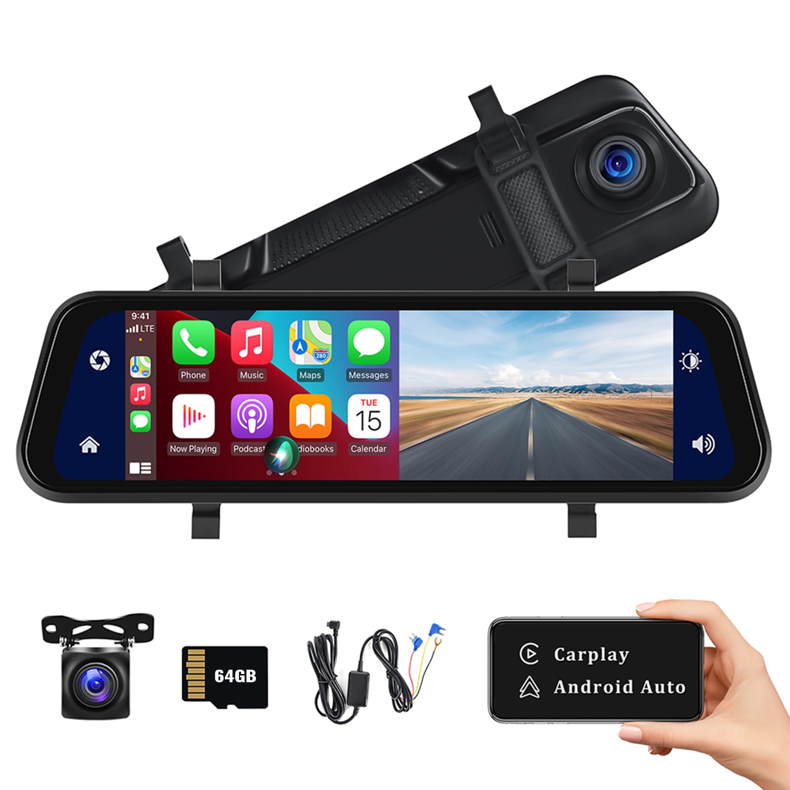 Mirror Dash Cam Compatible With Apple Carplay&Android Auto,9.66' Voice Control Rear View Mirror 1080P Front And Rear View Dual Cameras,Night Vision, Parking Assistance/Monitoring, Free 64Gb Card
