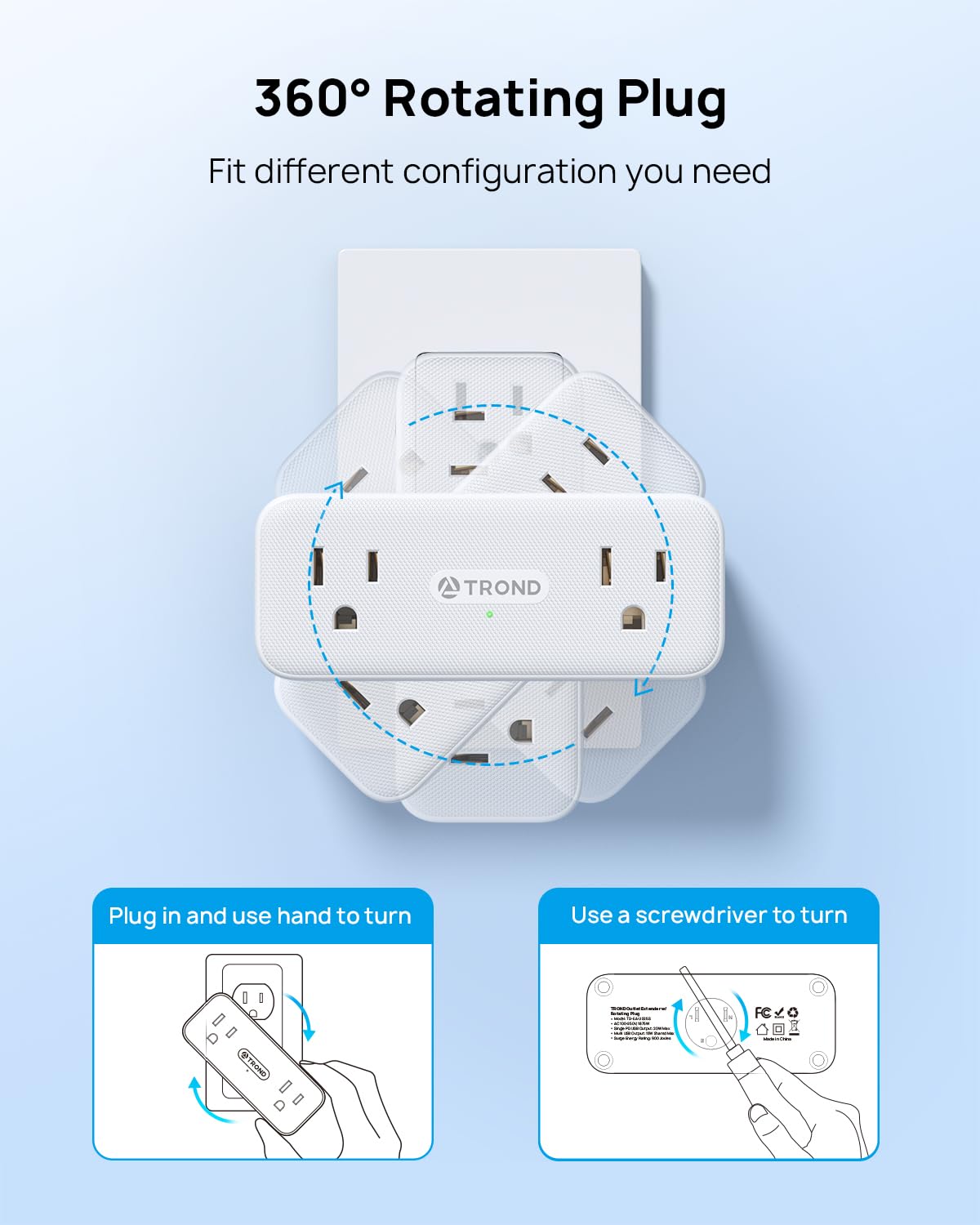 Trond Outlet Extender Surge Protector   6 Ac Outlet Splitter With Rotating Plug 360, 900J Multi Plug Expander, 3 Way Multiplug A