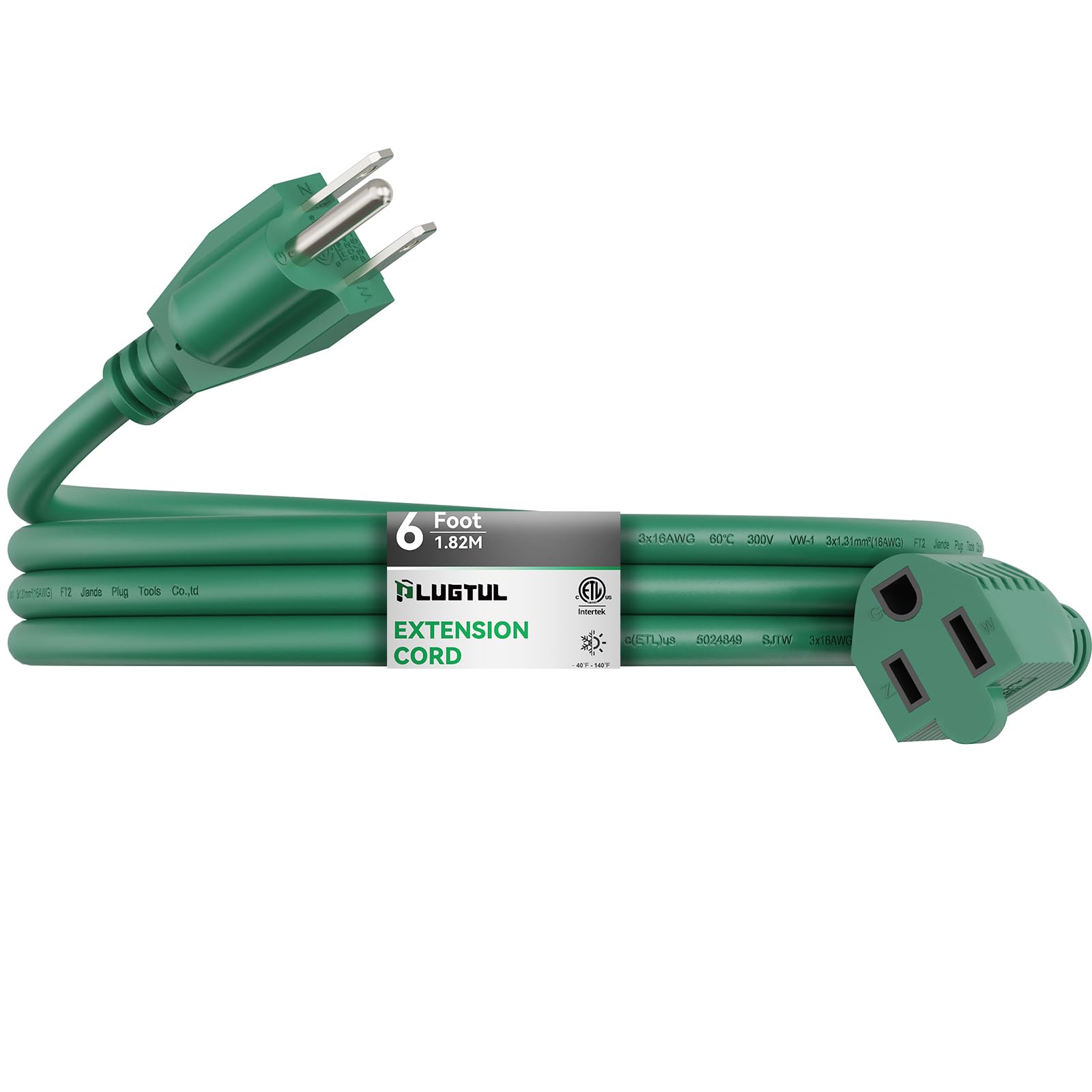 Plugtul 6 Ft Outdoor Extension Cord Waterproof 16/3 Gauge Green Heavy Duty 3 Prong Extension Cord, 13A 1625W Sjtw, Etl Listed, G