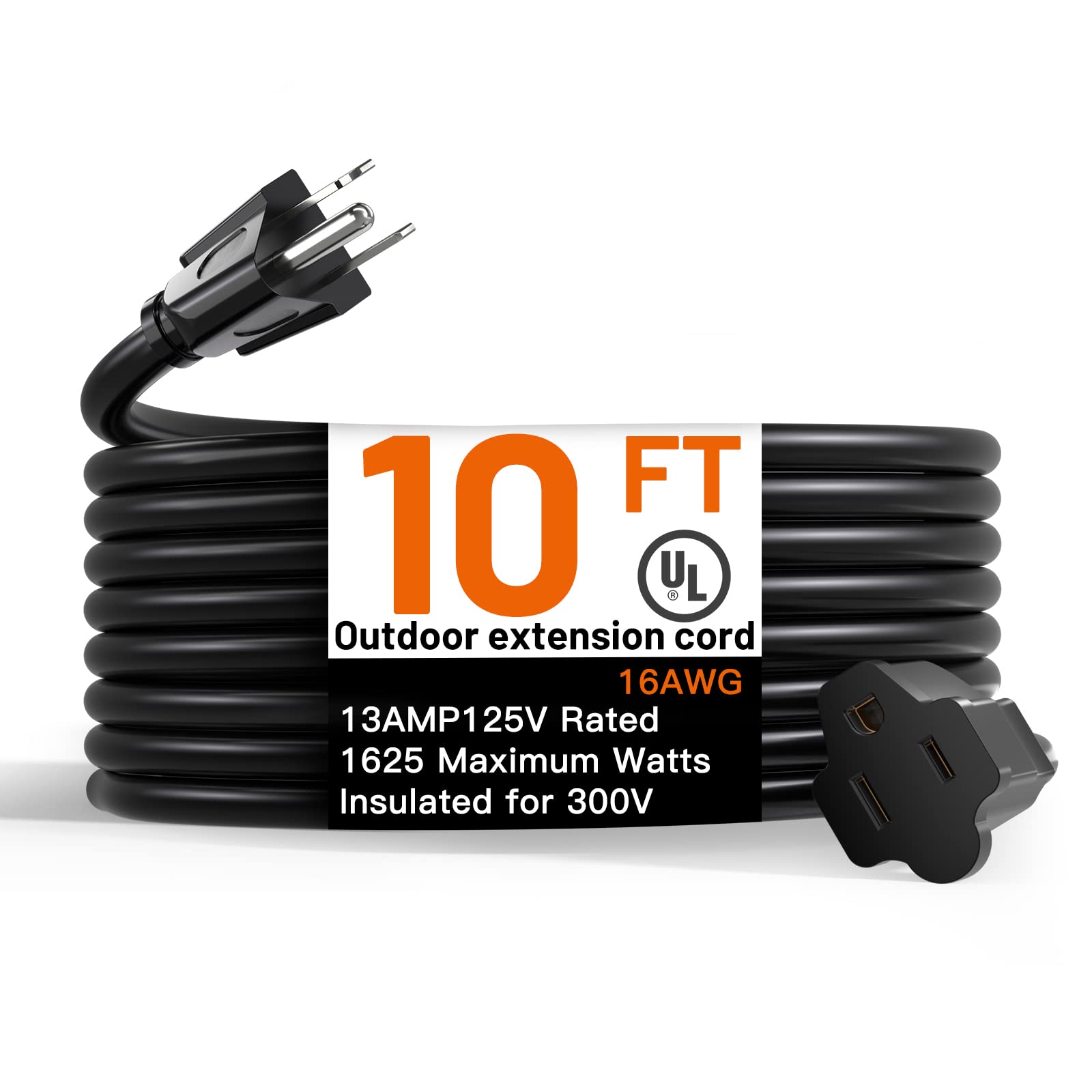 10 Feet Outdoor Extension Cord Waterproof, Black Extreme All Weather 16 Gauge Extensions Cord With Covers, Flexible 100% Copper