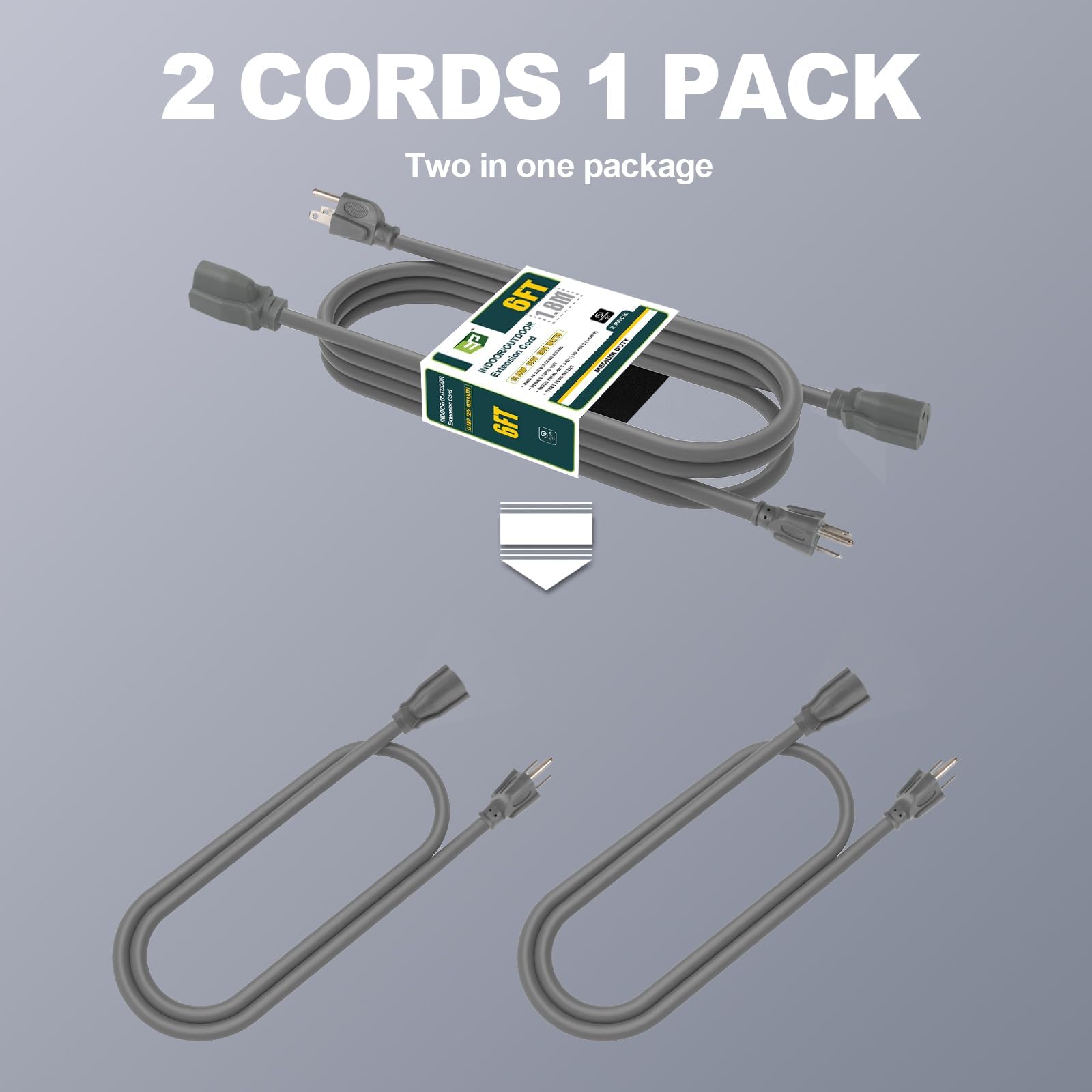 Ep 2 Pack 6 Ft Outdoor Extension Cord, 16/3 Sjtw Heavy Duty Power Cord, 3 Prong Grounded Plug, Waterproof, Cold Resistant, 13A 1