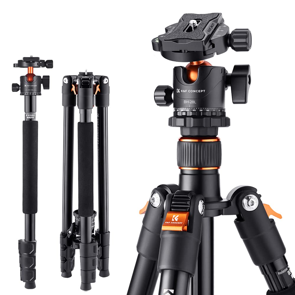 K&F Concept 64 Inch/162Cm Camera Tripod, Compact Aluminum Alloy Travel Tripods With 28Mm Metal Ball Head 10Kg/22Lbs Load Capacity, Detachable Monopod, For Slr Dslr Digital Camera(B234A1+Bh 28L)