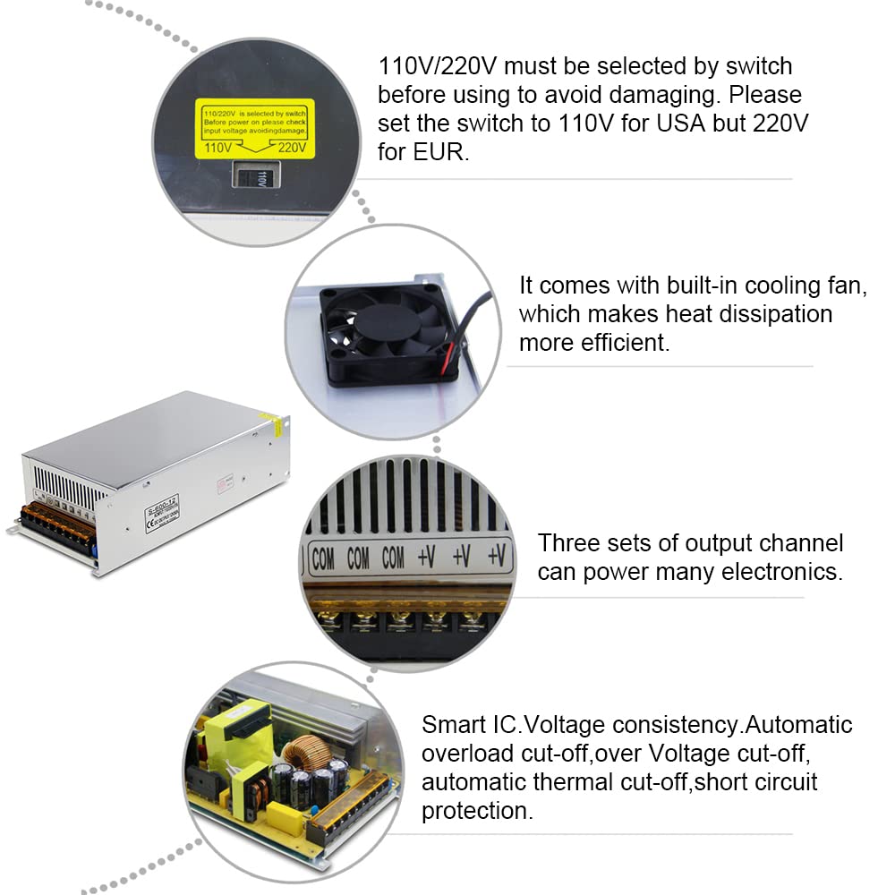 Alitove 12V Power Supply 50A 600W Switch Mode Power Supply Smps Ac/Dc Adapter 110V / 220V Ac To Dc 12 Volt 50 Amp 45A Converter