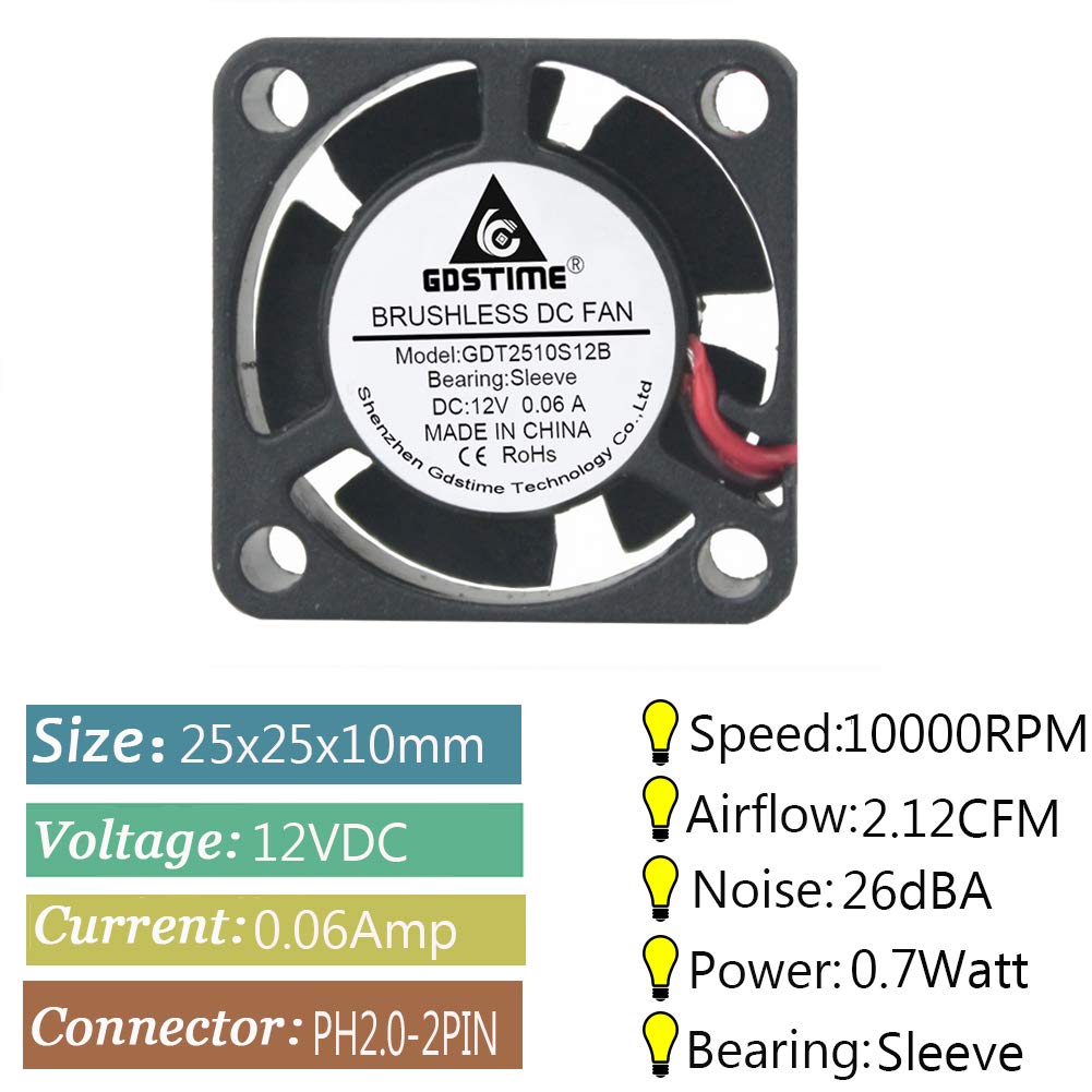 Gdstime 25Mm X 25Mm X 10Mm 2.5Cm Small 12V Brushless Dc Mini Cooling Fan