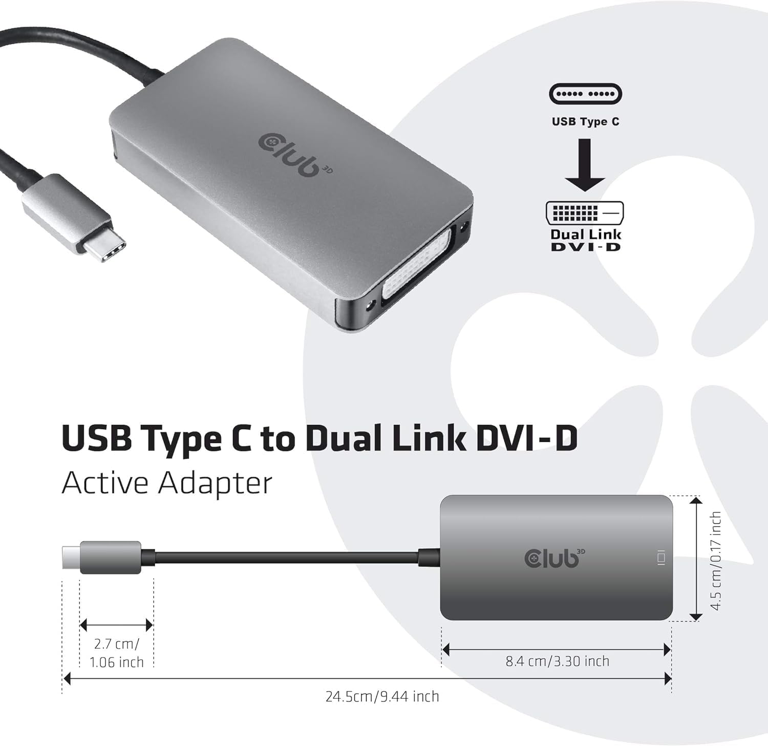 Club 3D CAC-1510 USB Type C to Dual Link DVI-D Adapter, Supports 3840x2160@30Hz, Silver, Copper Material
