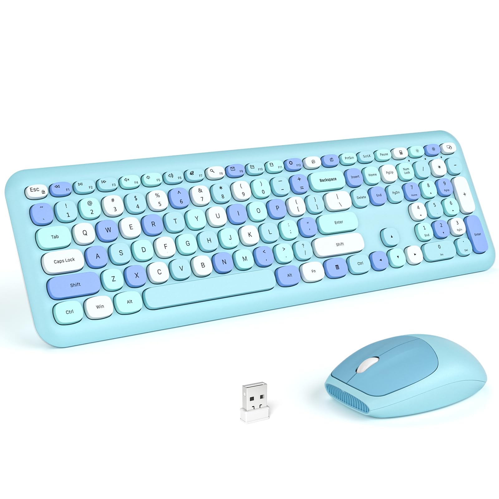 Knowsqt Wireless Keyboard And Mouse Combo, Pale Blue Full Sized 2.4G Silent Keycap Colorful Keyboards, Usb Dongle Plug Play, Lap