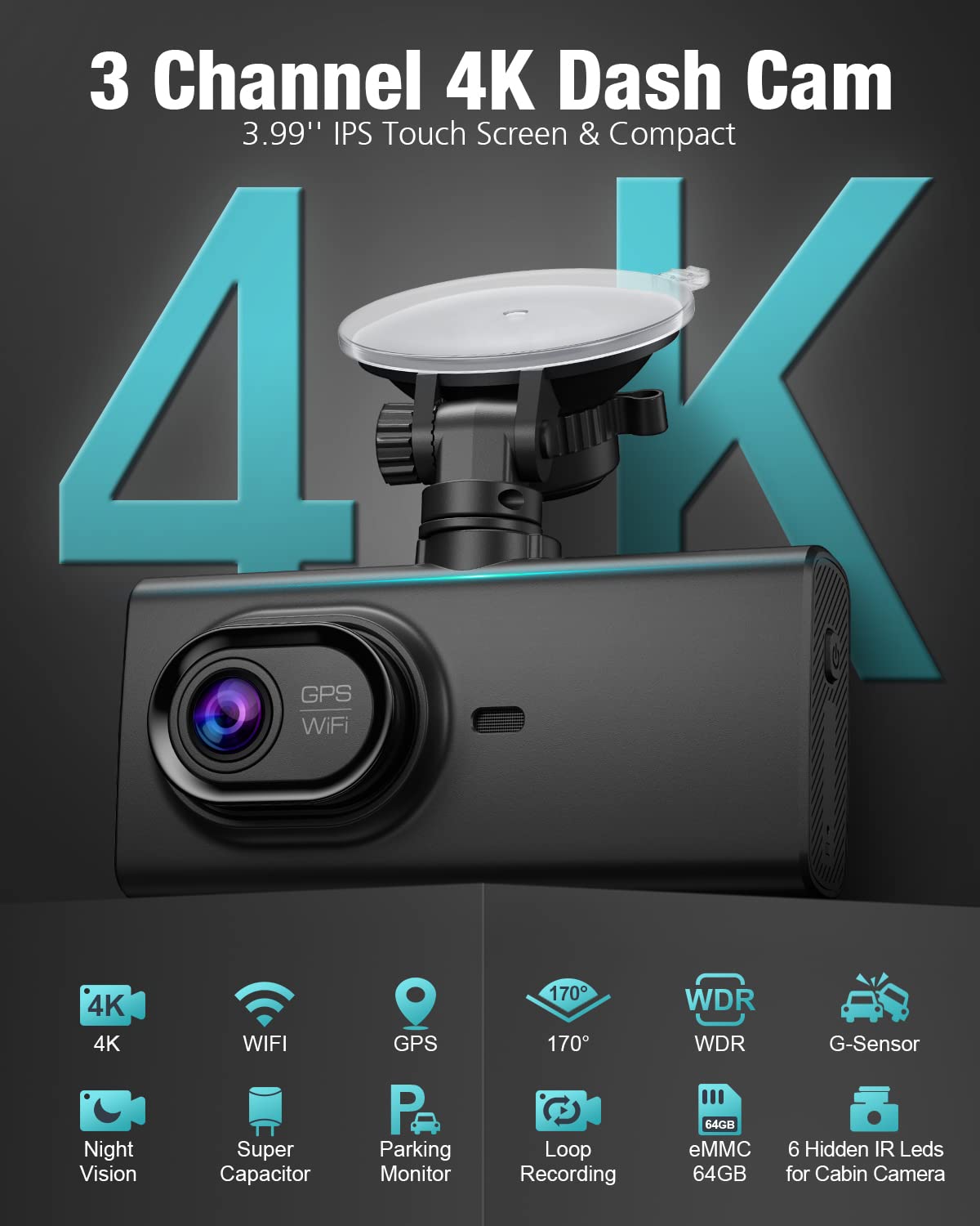 4K 3 Channel Dash Cam With 64Gb Card, 4� Ips Touch Screen Built In 5G Wifi & Gps Dash Cam Front And Rear Inside 4K+1080P+1080P, Ir Night Vision, 170�Wide Angle, Wdr, Parking Mode, G Sensor