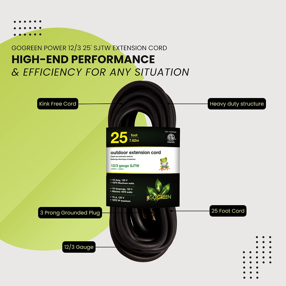 Go Green Power Inc. (Gg 14025Bk) 12/3 Sjtw Outdoor Extension Cord, Black, 25 Ft
