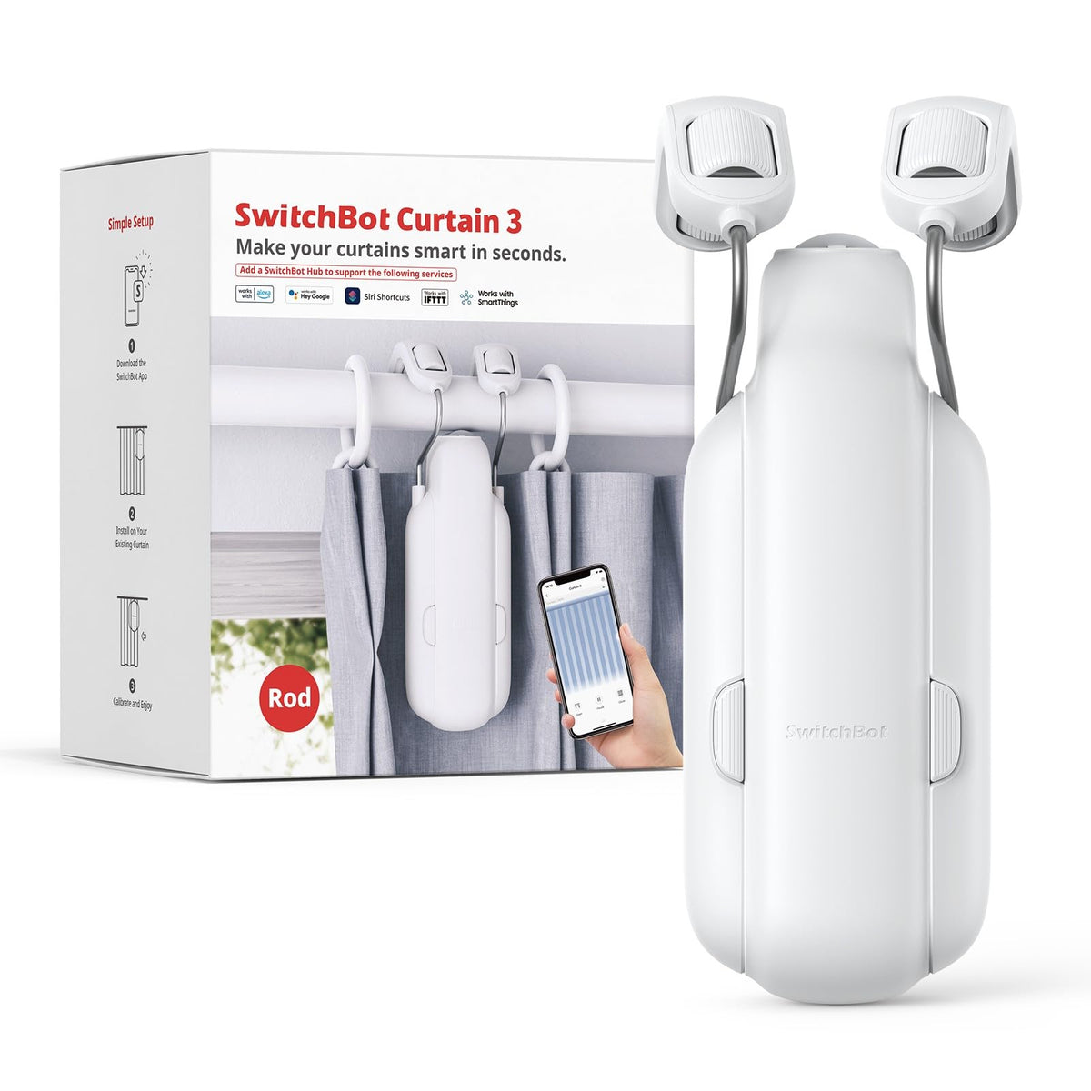 Switchbot Automatic Curtain Opener - Bluetooth Remote Control Smart Curtain With App/Timer, Upgraded High-Performance Motor, Add