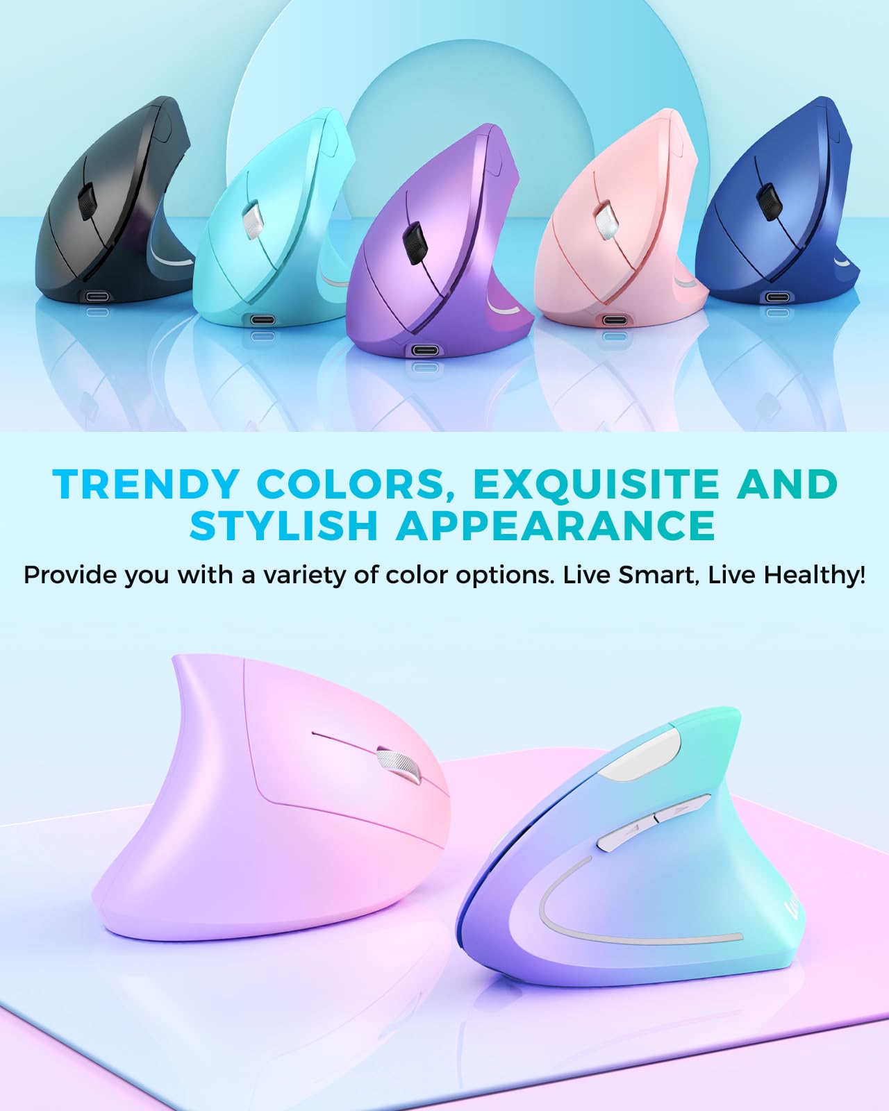 Lekvey Ergonomic Mouse, Vertical Wireless Mouse Rechargeable 2.4 Ghz Optical Carpal Tunnel Mouse : 800/1200 / 1600 Dpi, 6 Buttons, For Laptop, Pc, Computer, Desktop, Notebook Etc, Green Purple