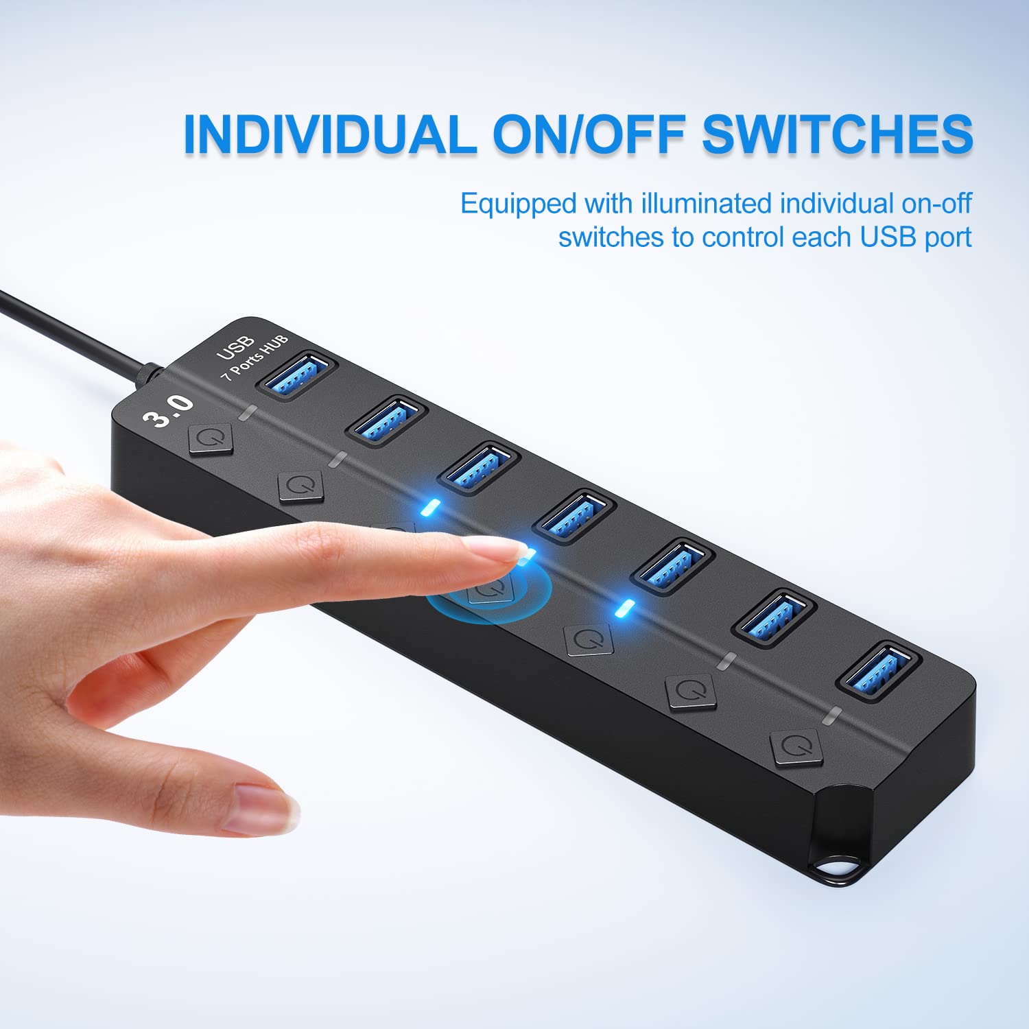 Onfinio Usb Hub 3.0, 7 Port Usb Hub Splitter With Individual On/Off Switches And Lights, 3.2Ft/1M Long Cable Compatible With Macbook, Laptop, Surface Pro, Ps4, Pc, Flash Drive, Mobile Hdd