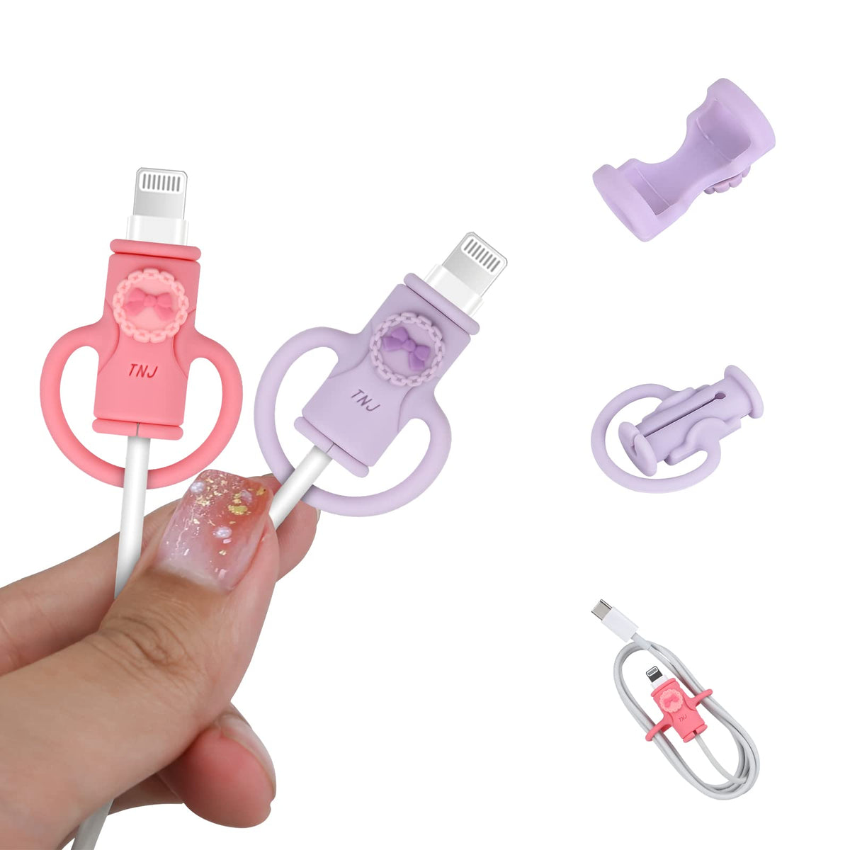 Cute Cable Protector For Iphone Android Usb Cable,2 Pcs Bow Ties Design 2 In 1 Data Cable Protector,Soft Silicone Stretchable Ch