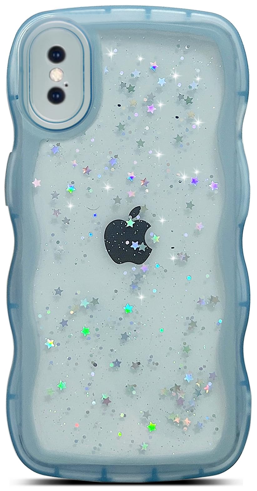 Qokey For Iphone Xs Case/For Iphone X Case 5.8'' Curly Wave Edge Transparent Bling Glitter Star Shiny Case Cute Clear Transparen