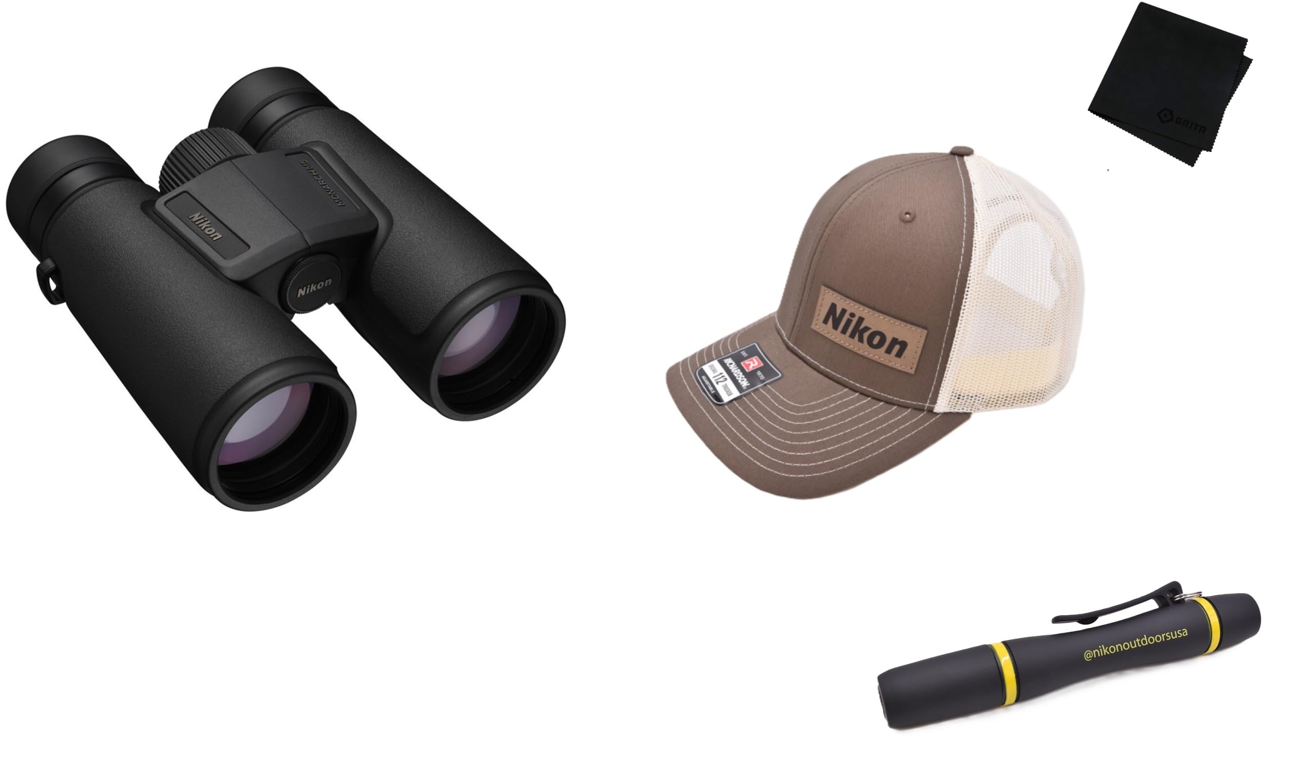 NIKON Monarch M5 8x42 Binocular & Brown Hat & Lens Pen & Gritr Microfibre