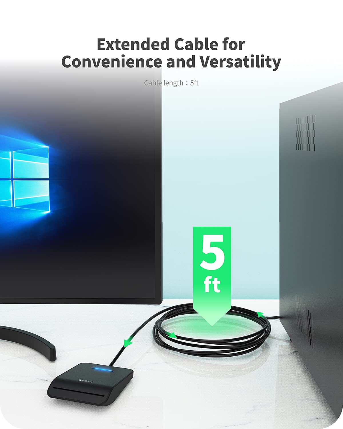 Akeru Cac Card Reader With Led Indicator, Dod Military Common Access, (5 Feet Long Cable). Universal Compatibility, Compact Piv