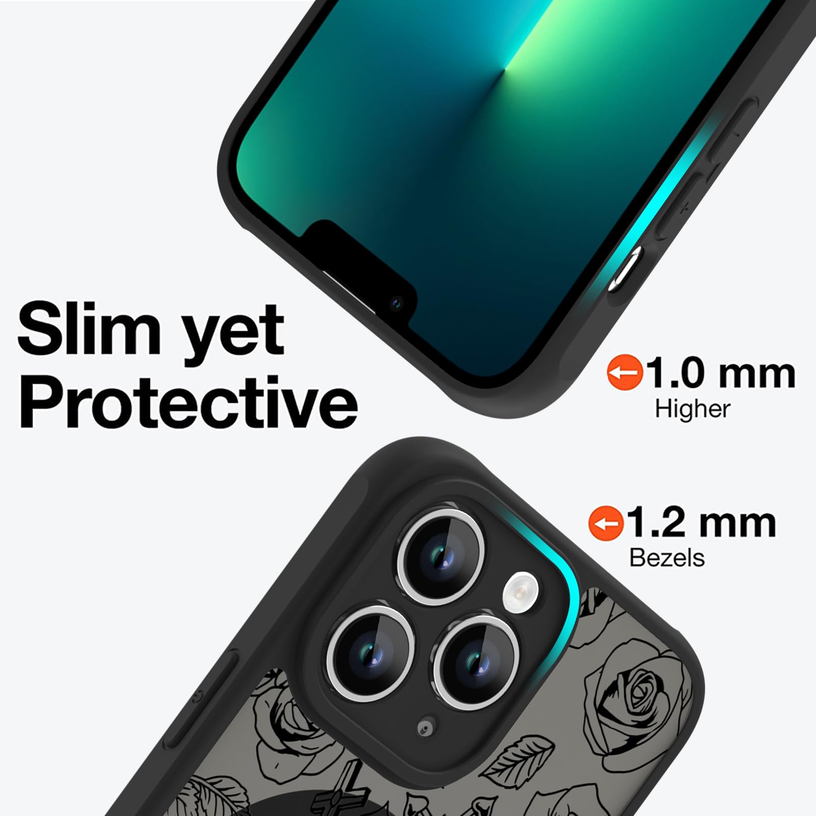 Ook Magnetic For Iphone 13 Pro Max Case Black Flower Skull Pattern [Compatible With Magsafe] Slim Translucent Matte Camera Lens