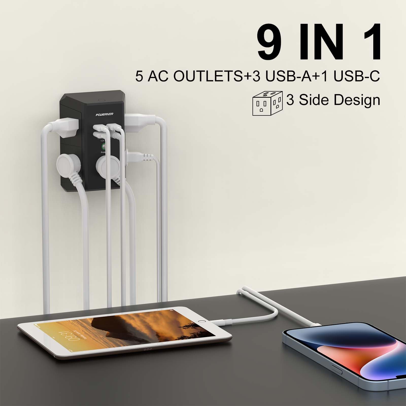 Multi Outlet Extender Surge Protector   Poweriver Multi Plug Wall Outlet With 5 Ac Outlets And 4 Usb Ports(1Usb C), 1680 Joules,