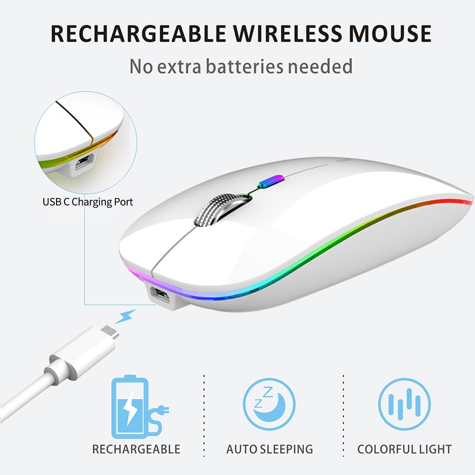 Uiosmuph Led Wireless Silent Mouse, G12 Slim Rechargeable, 2.4G Portable Usb Optical Wireless Computer Mice With Usb Receiver An