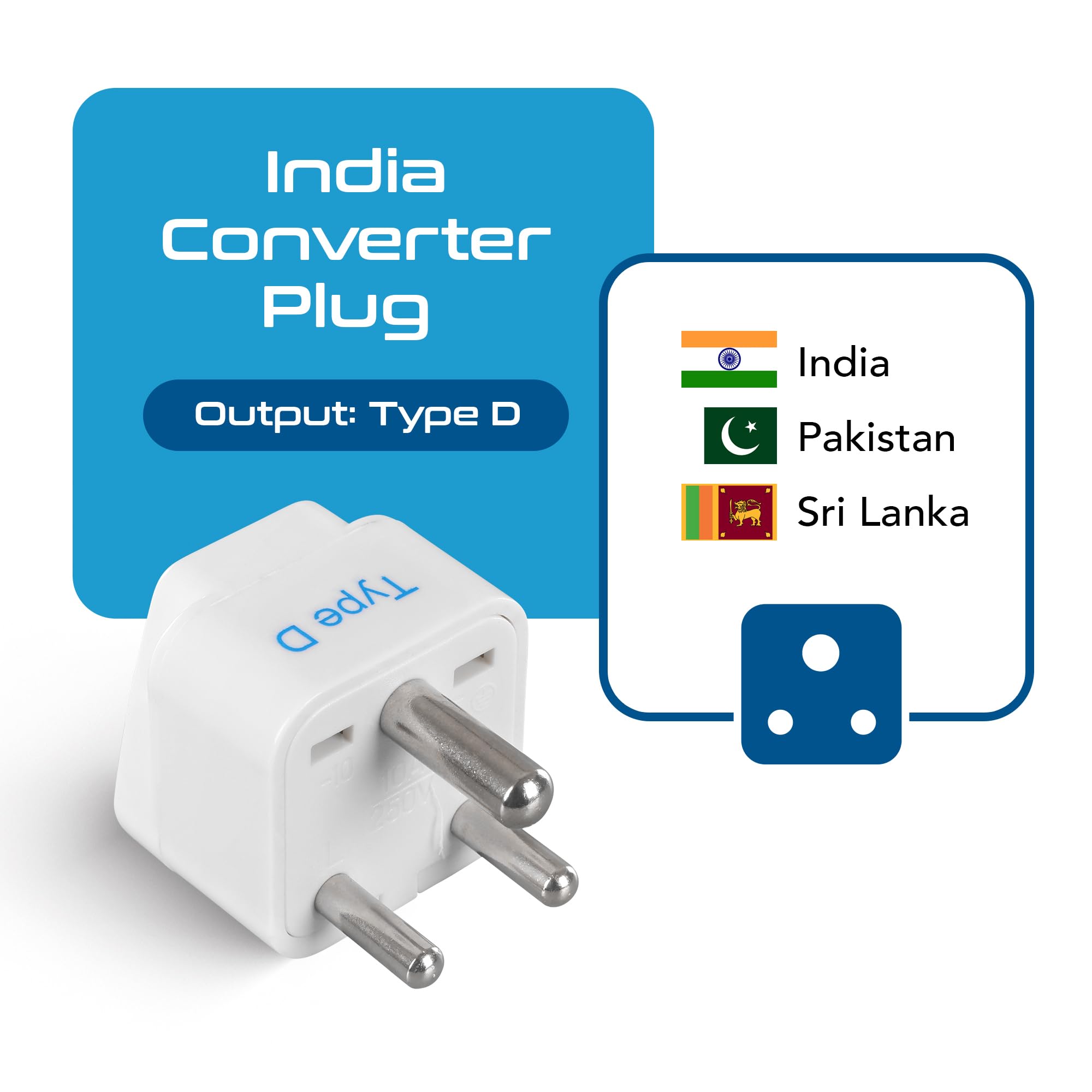 Ceptics India Travel Plug Adapter (Type D) For Pakistan, Nepal, Bangladesh   3 Pack [Grounded & Universal] (Gp 10 3Pk)