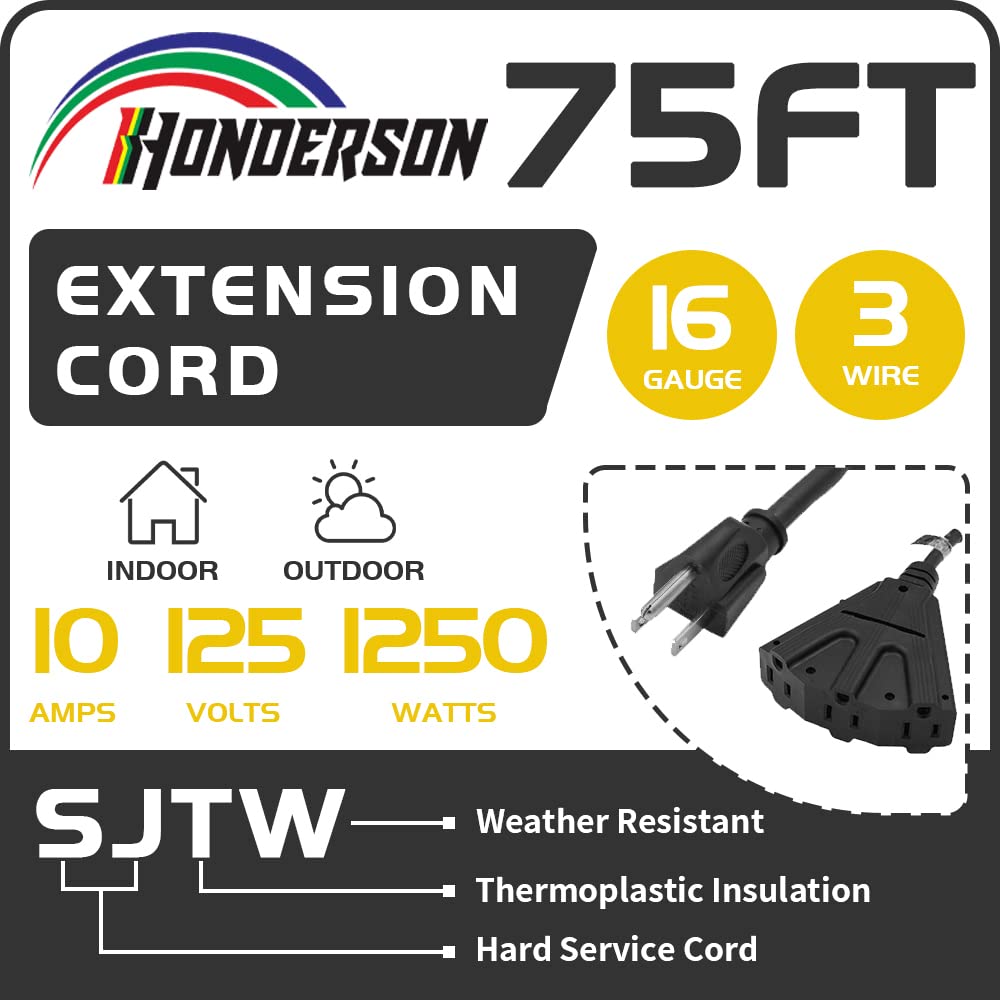 Honderson 3 Outlets Indoor Outdoor Extension Cord Weatherproof, Ul Listed, 16 Gauge 75Ft Black 3 Prong Heavy Duty, 16/3 Sjtw 10A