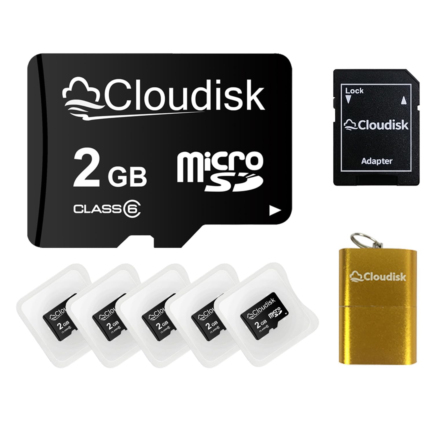 Cloudisk Pack Of 5 Micro Sd Card 2Gb Flash Memory Card C6 With Sd Adapter, Card Reader (2 Gb)