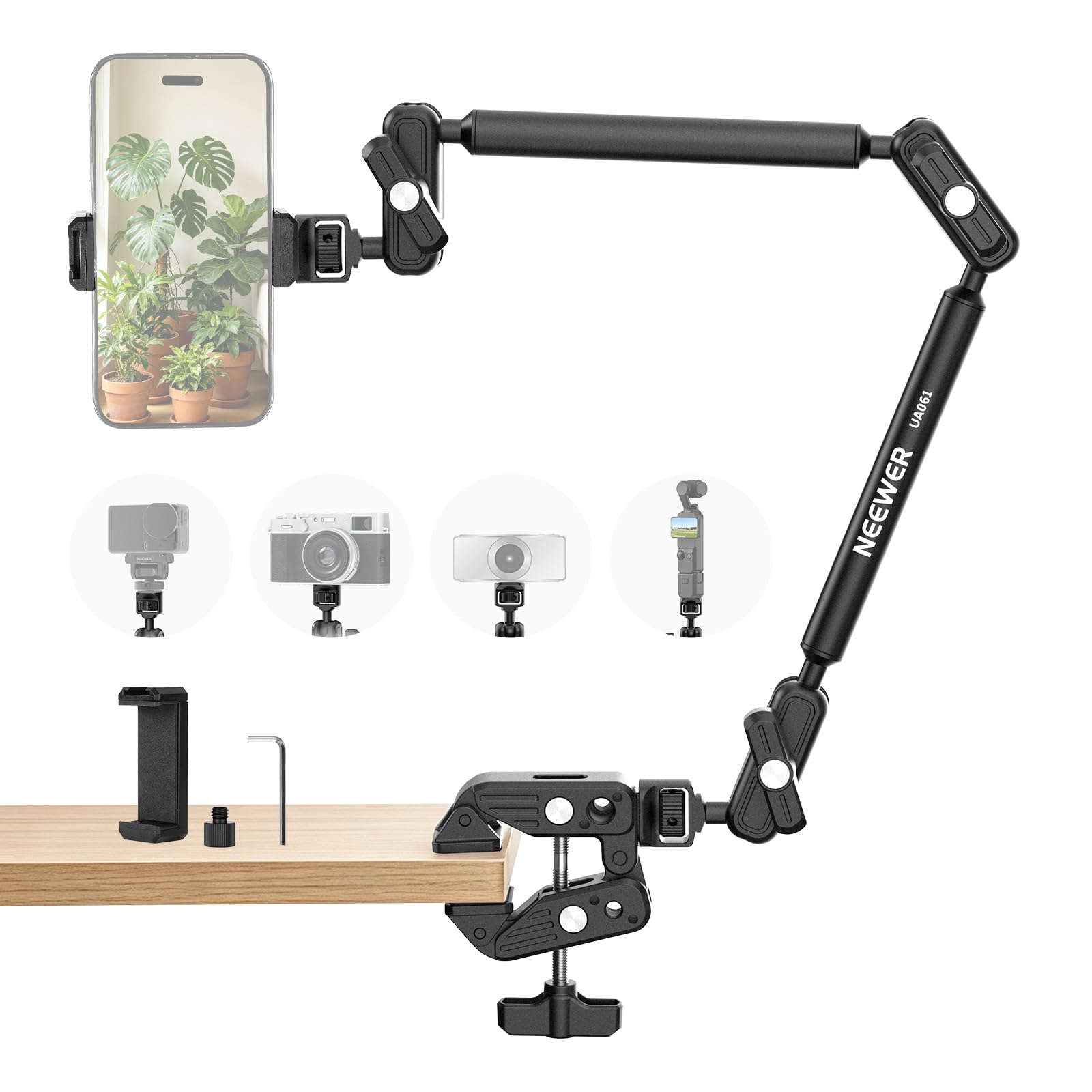 NEEWER Basics 55cm Desk Magic Arm Stand with Super Clamp, Phone Holder & 1/4 to 3/8 Adapter, Microphone Boom Arm Overhead Moun