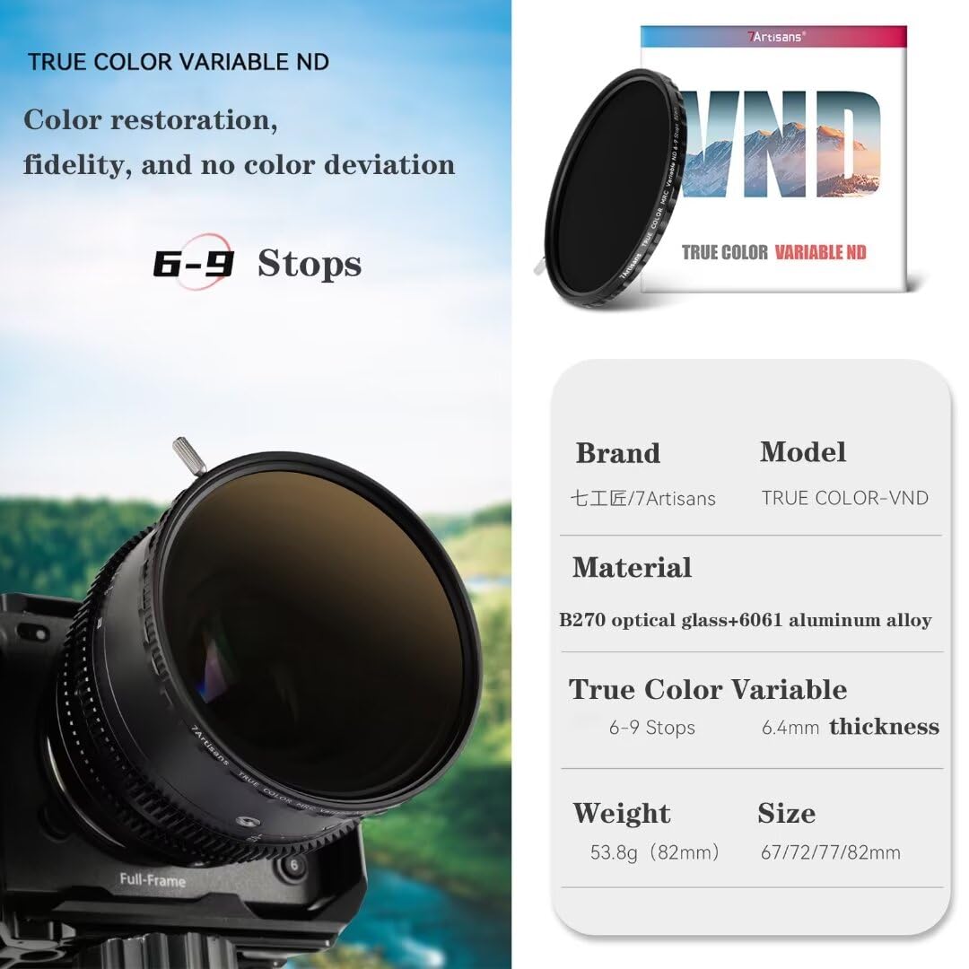 7Artisans 72Mm True Color Vnd (6-9 Stops) Variable Neutral Density Filter,Adjustable Nd Filter Water Repellent And Scratch Resis