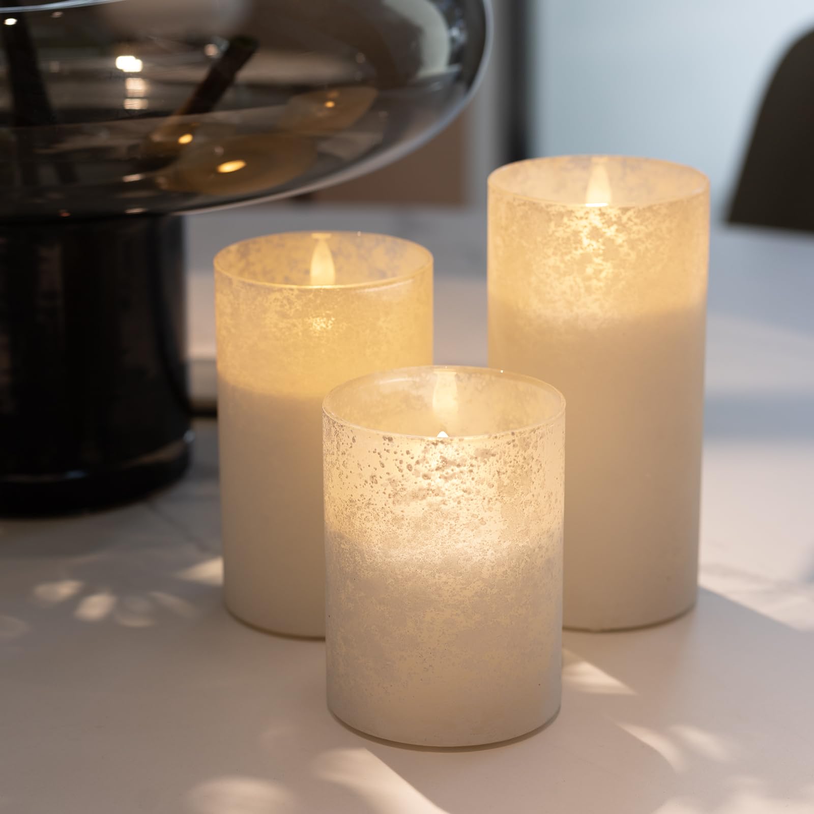 Hjandhj Flickering Flameless Candles With Remote, Battery Operated Candles With Timer, Sandblasted Glass Led Pillar Candles For