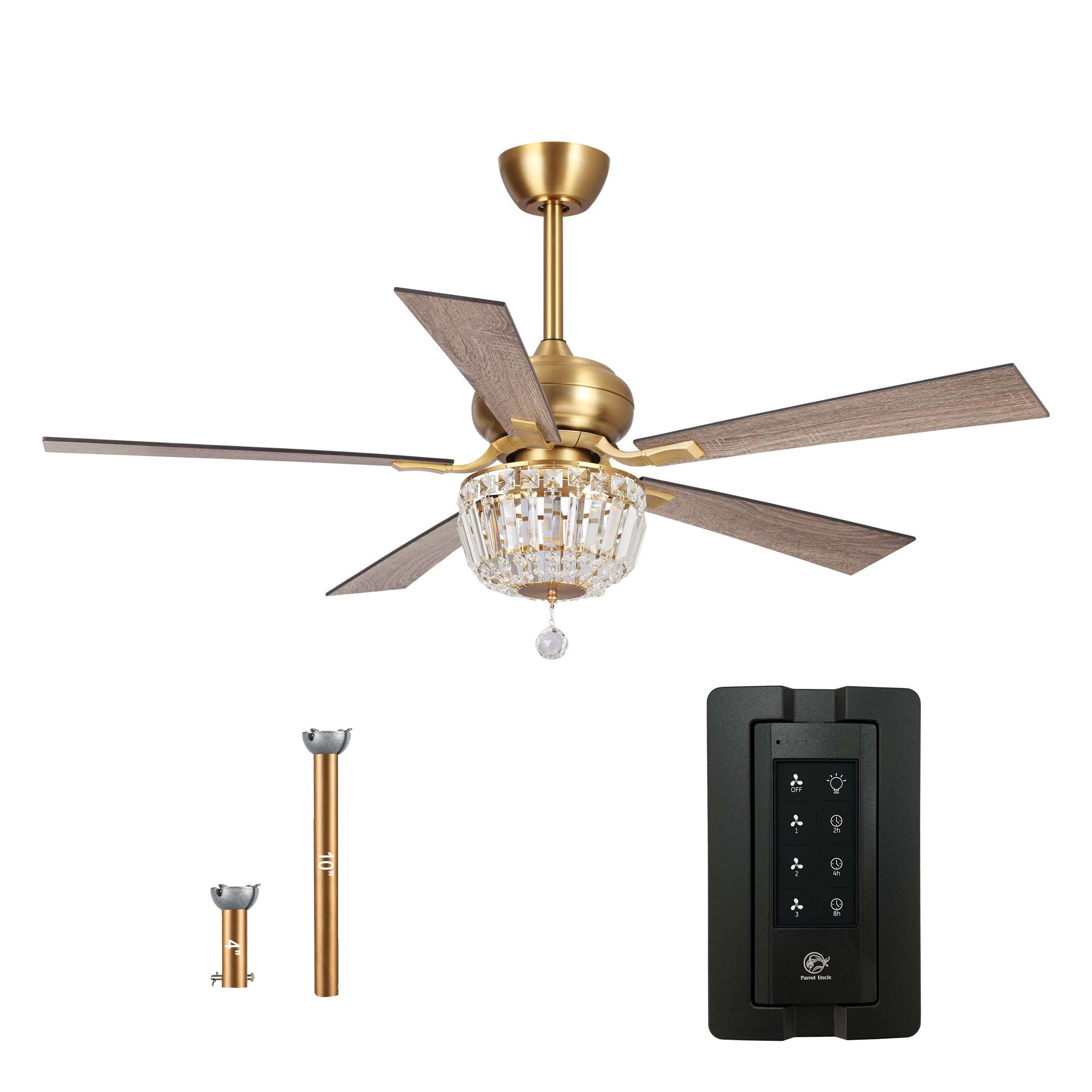 Parrot Uncle Gold Ceiling Fans with Lights and Remote 52 Inch Modern Ceiling Fan for Bedroom Crystal Chandelier Fans, Reverse Ai