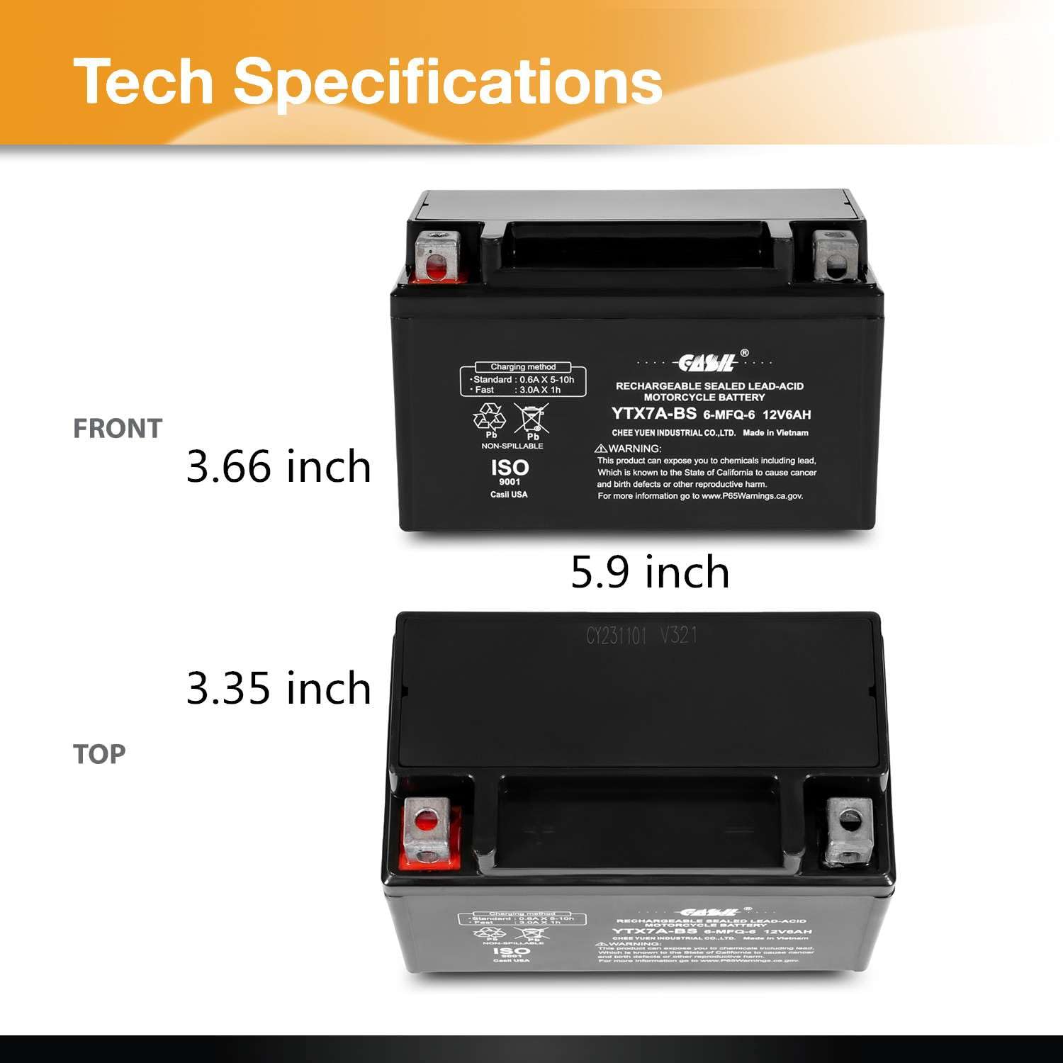 Ytx7A Bs Battery 12V 6Ah 105 Cca High Performance Agm Sla Power Sport Battery By Casil Battery