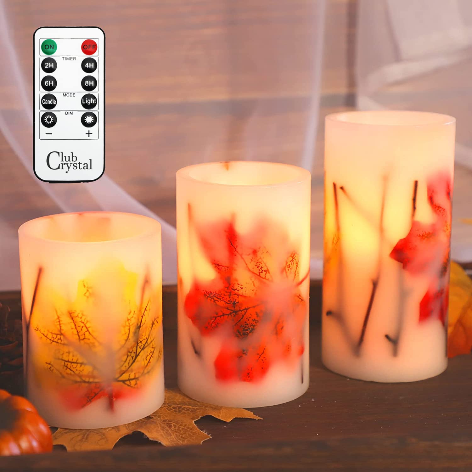 Crystal Club Fall Flameless Candles, Battery-Operated Fall LED Candles with Remote and Timer, Autumn Theme Pillar Candle Embedde