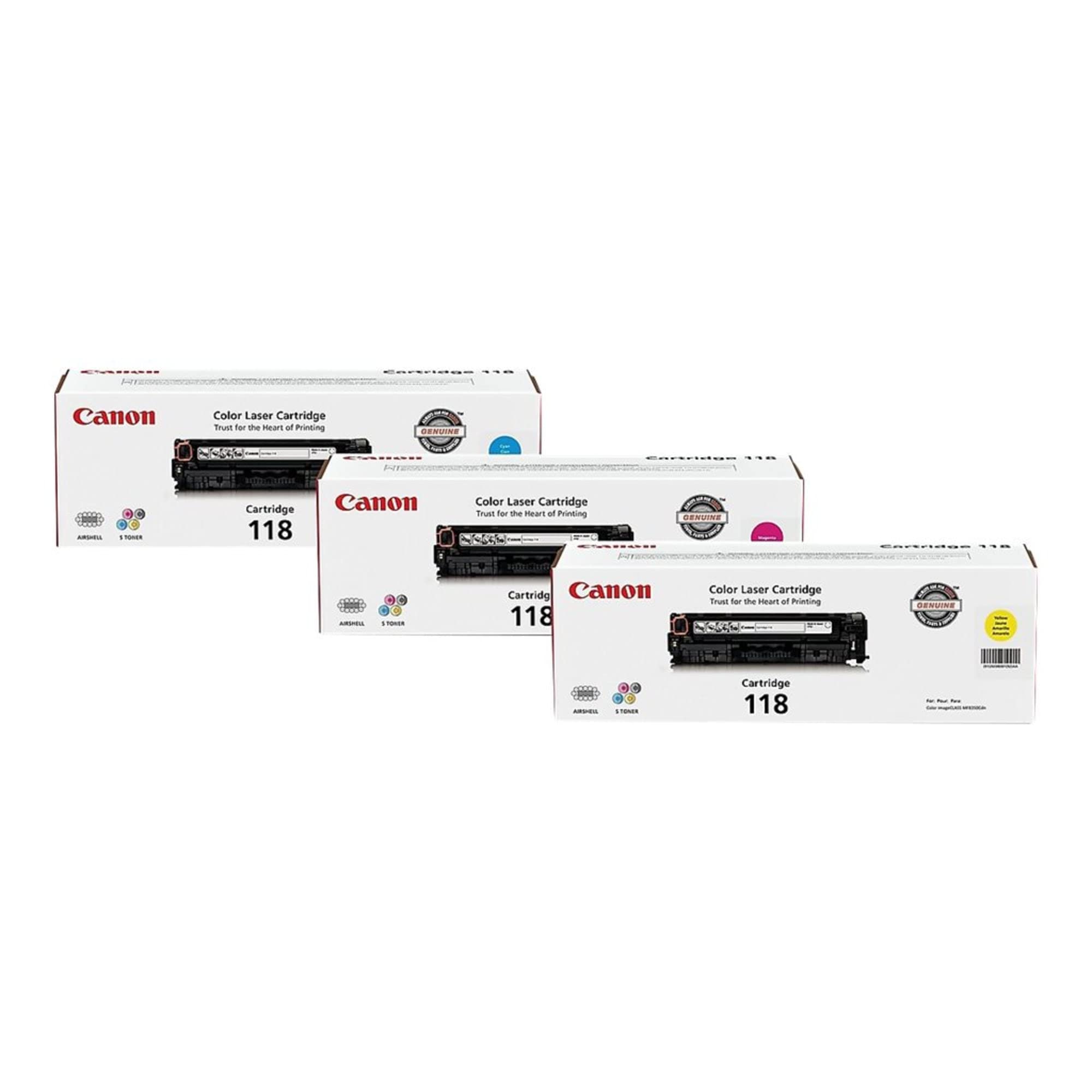 Canon Genuine Toner Bundle 118 (2660B015), 3 Pack (1 Each: Cyan, Magenta, Yellow), for Canon Color imageCLASS MF8350Cdn, MF8380Cdw, MF8580Cdw, MF729Cdw, MF726Cdw, LBP7200Cdn, LBP7660Cdn Laser Printers